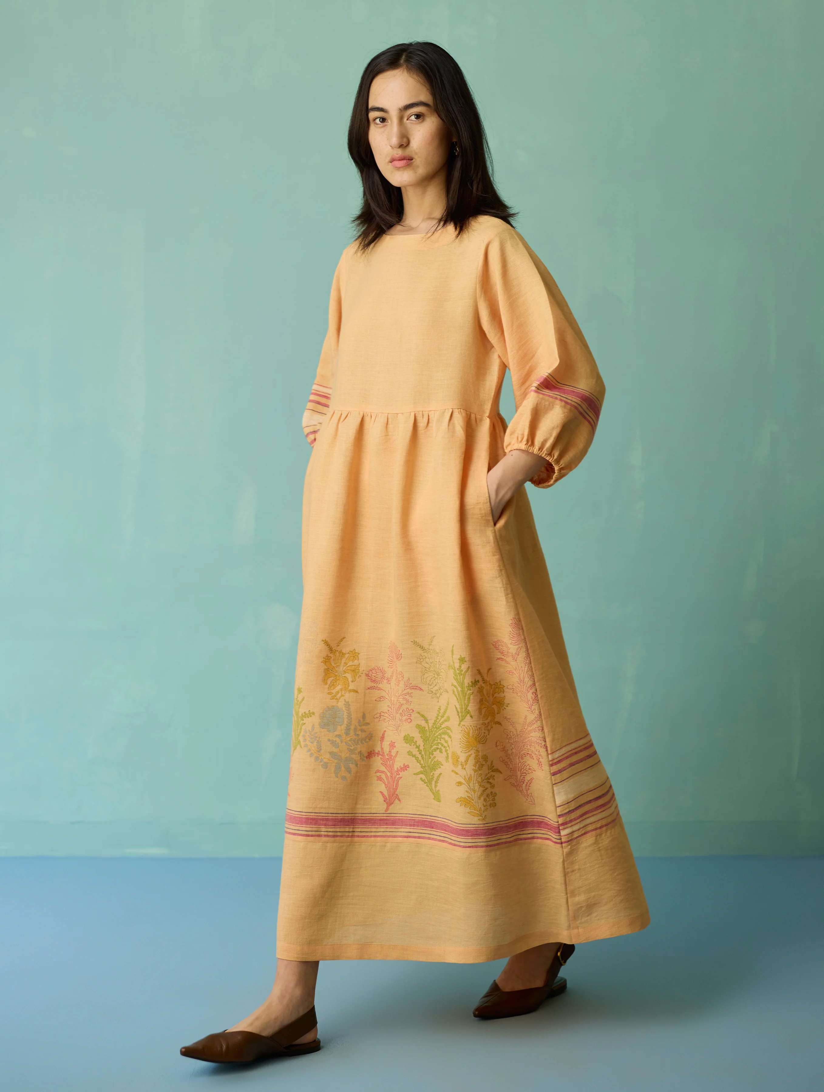 Ora Block-Printed Floral Linen Dress - Apricot