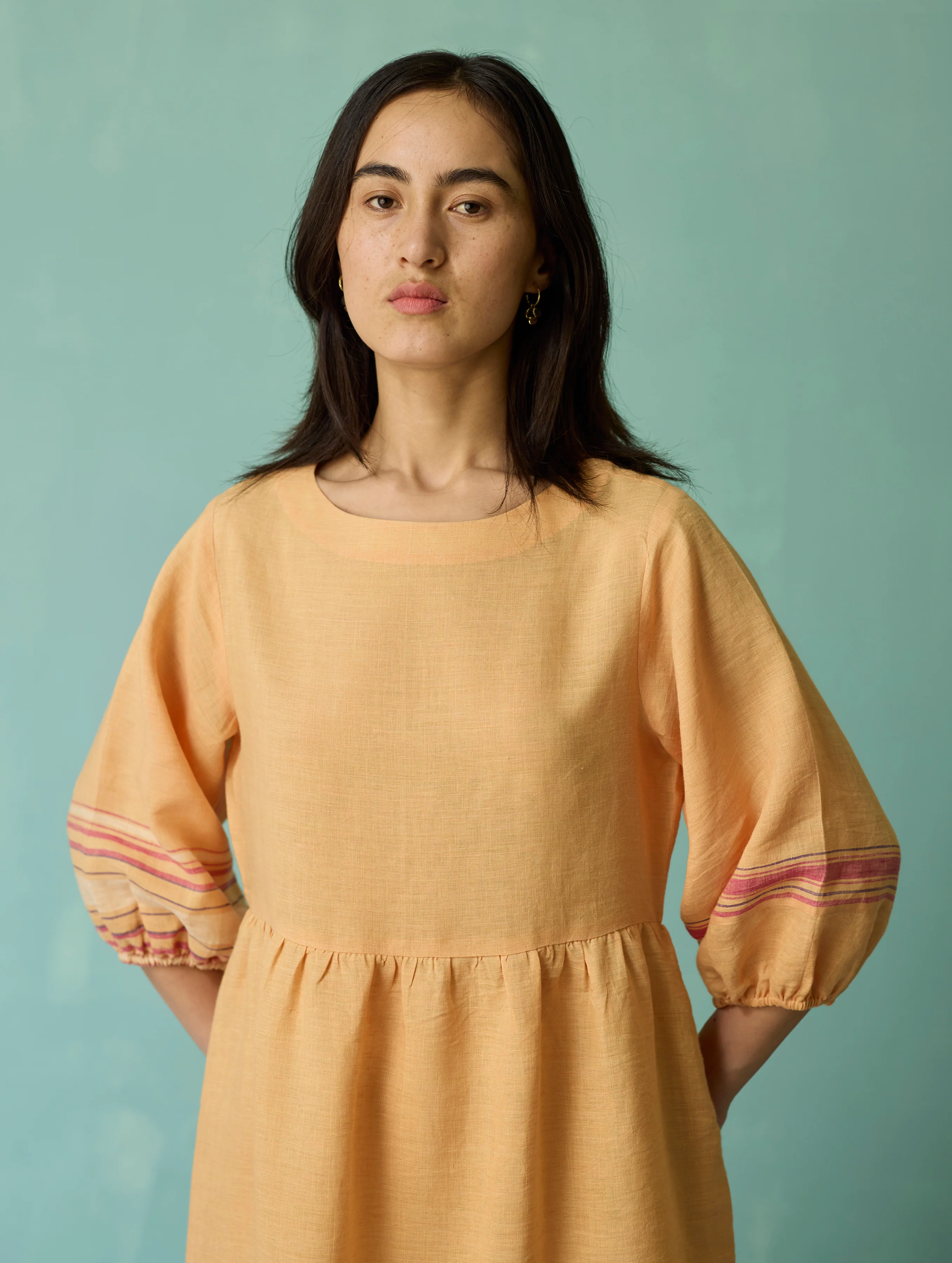Ora Block-Printed Floral Linen Dress - Apricot - Image 11