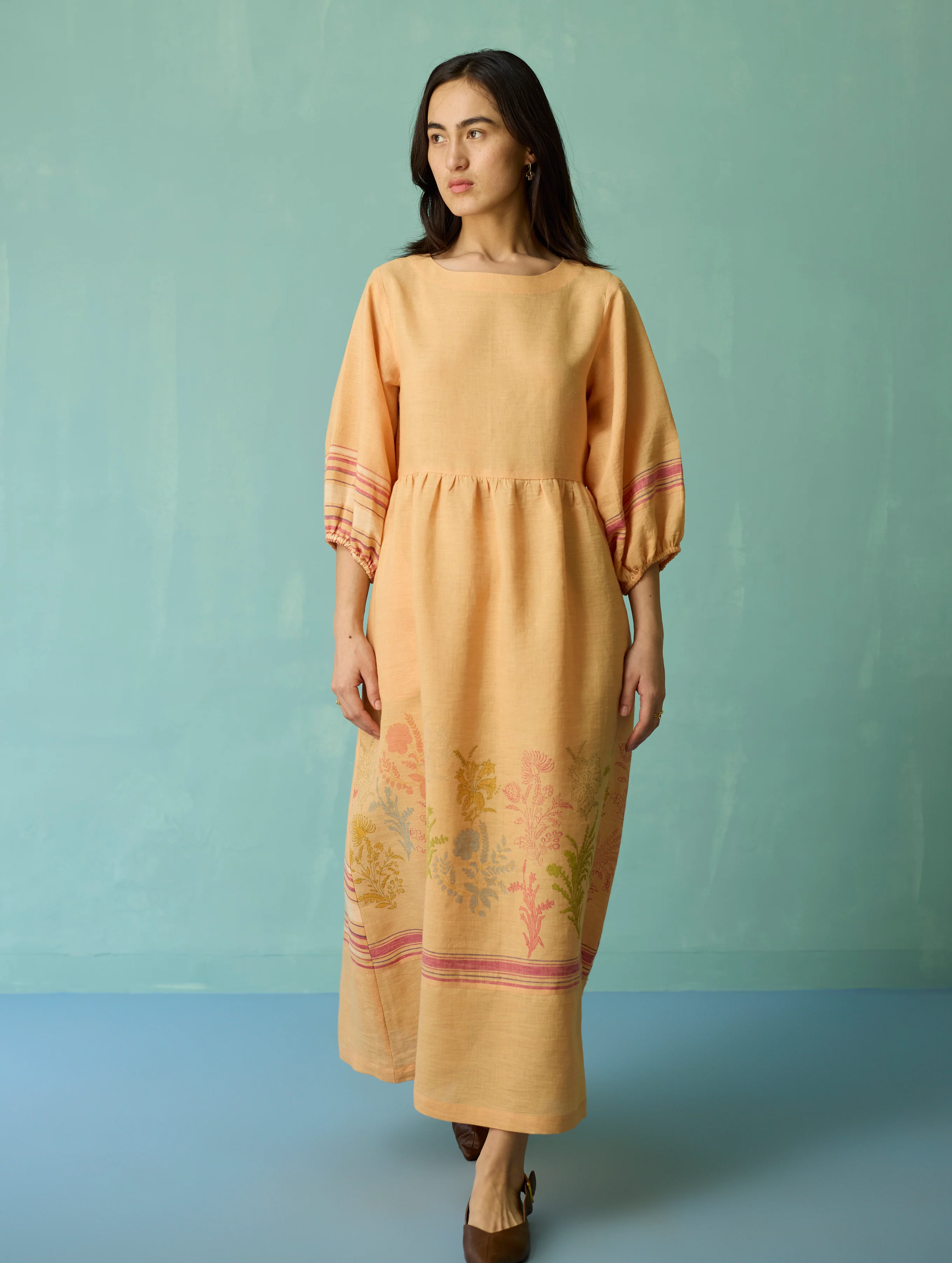 Ora Block-Printed Floral Linen Dress - Apricot - Image 2
