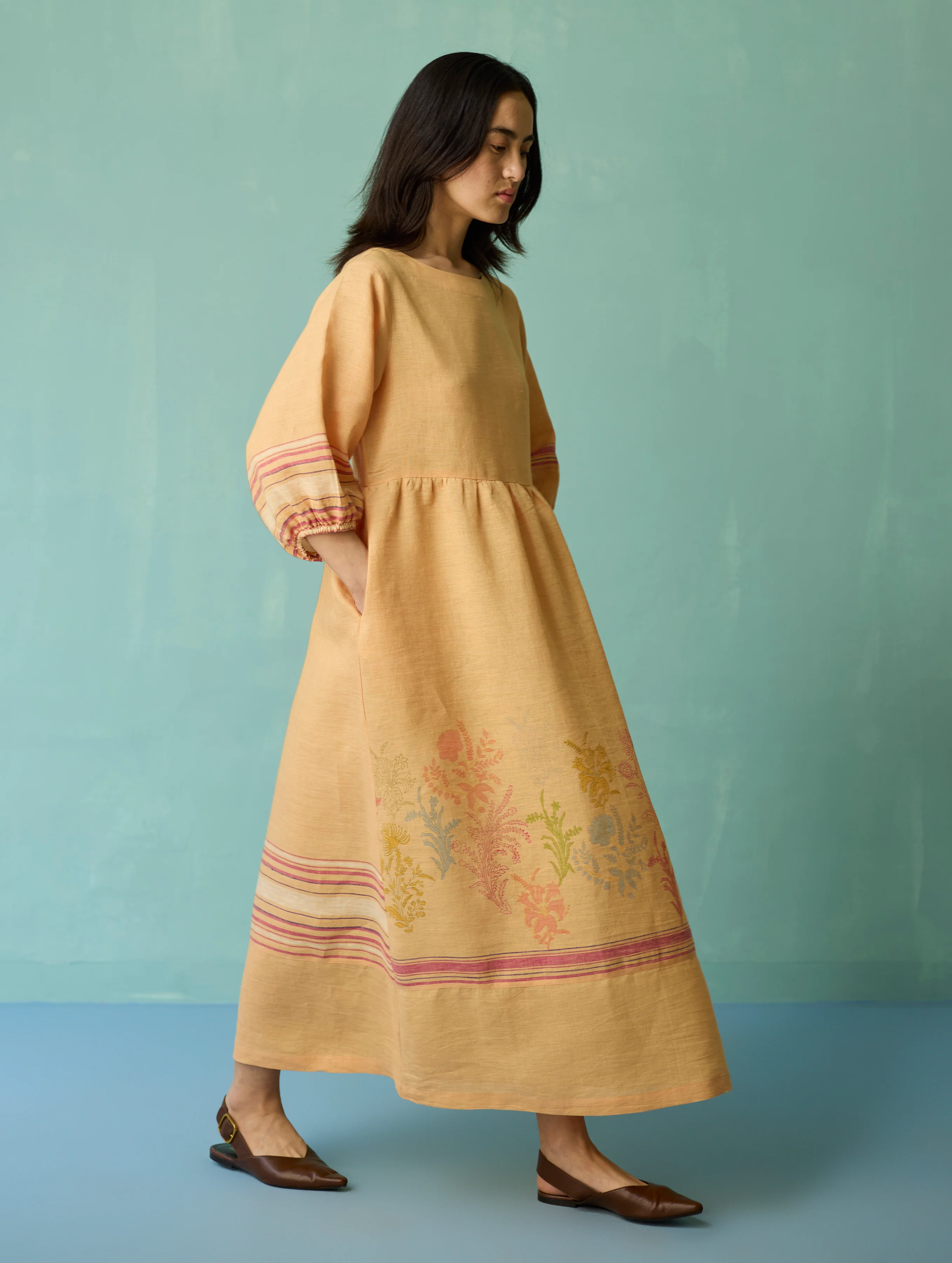 Ora Block-Printed Floral Linen Dress - Apricot - Image 3