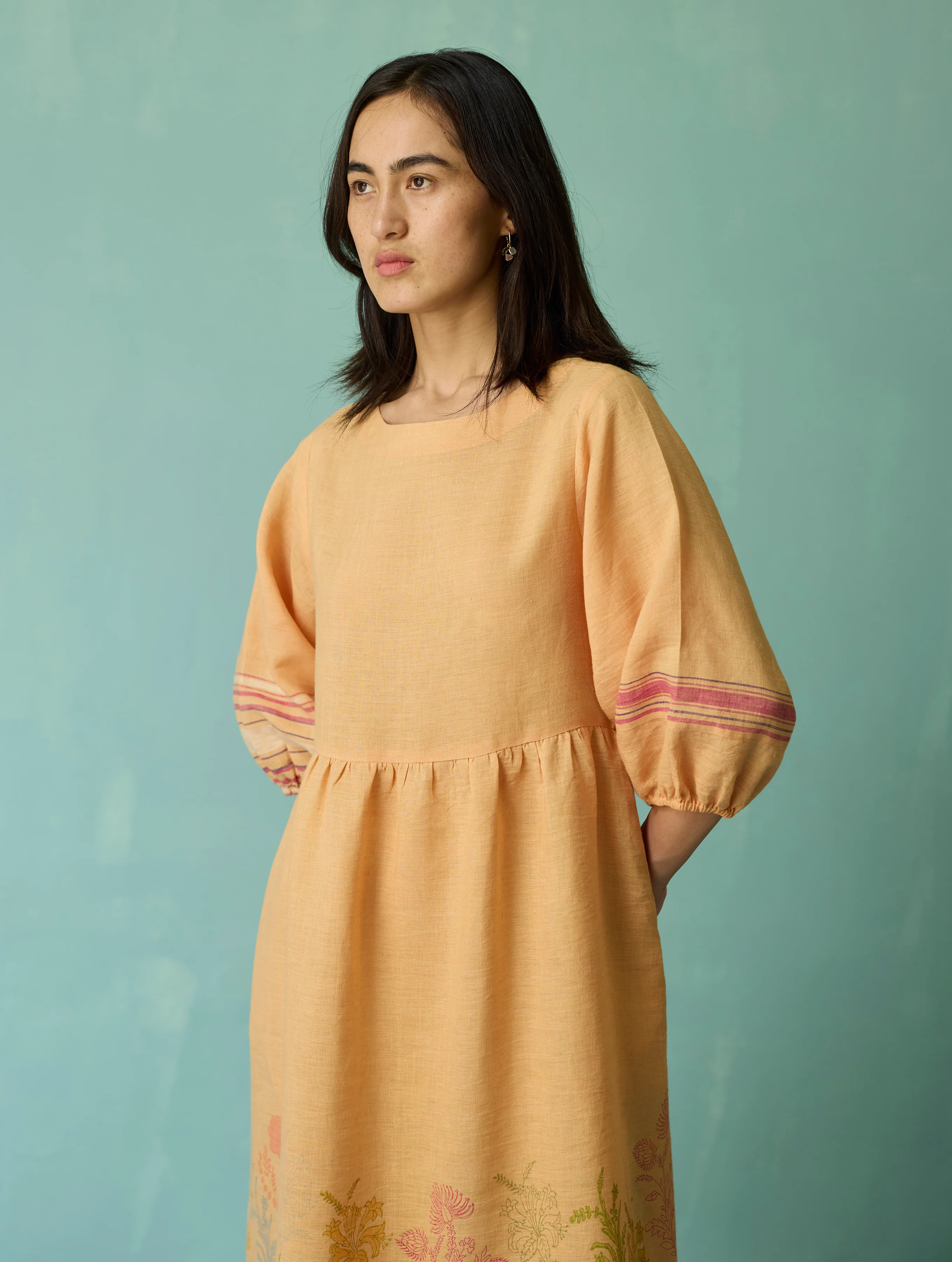 Ora Block-Printed Floral Linen Dress - Apricot - Image 5