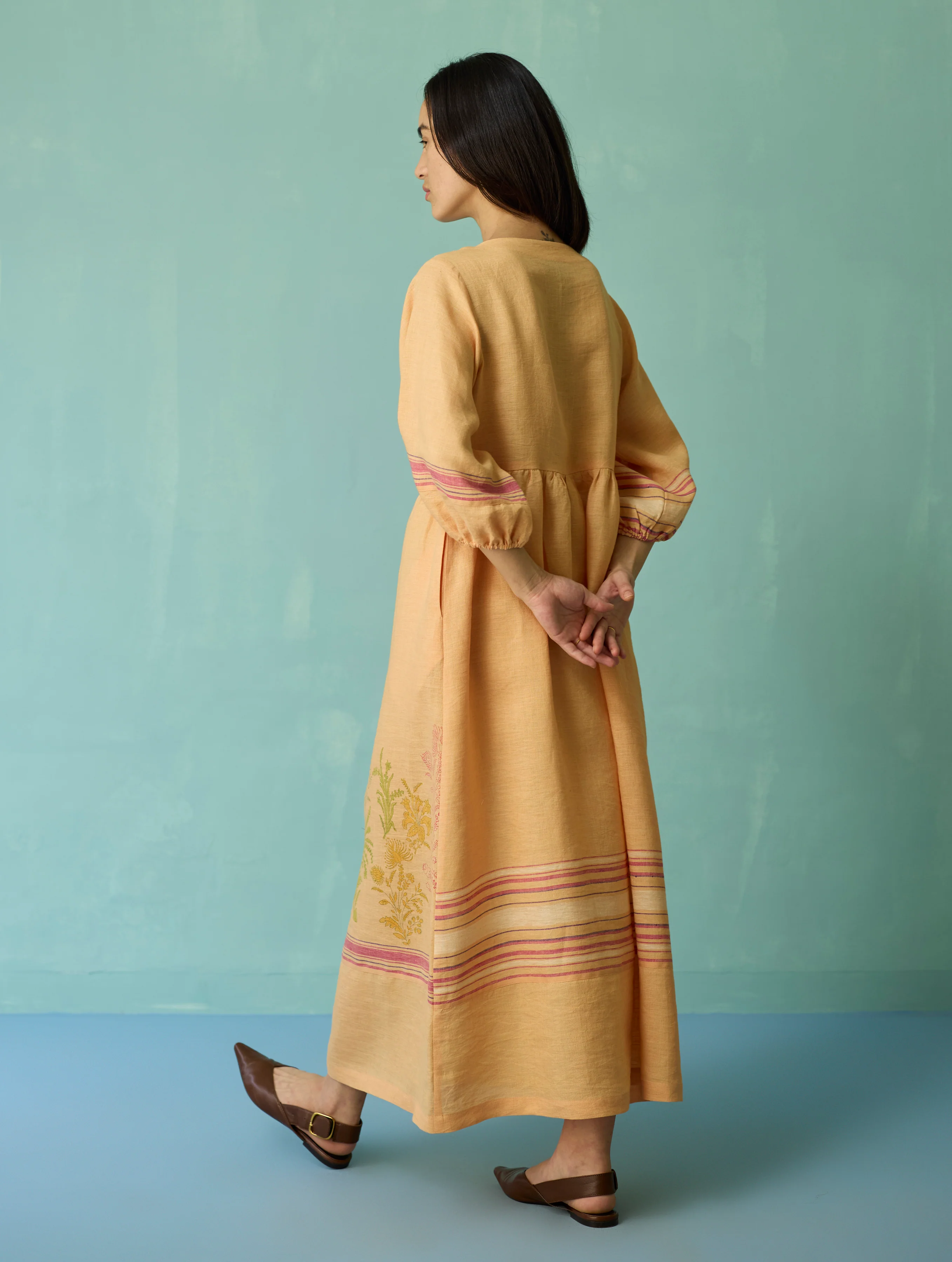 Ora Block-Printed Floral Linen Dress - Apricot - Image 7