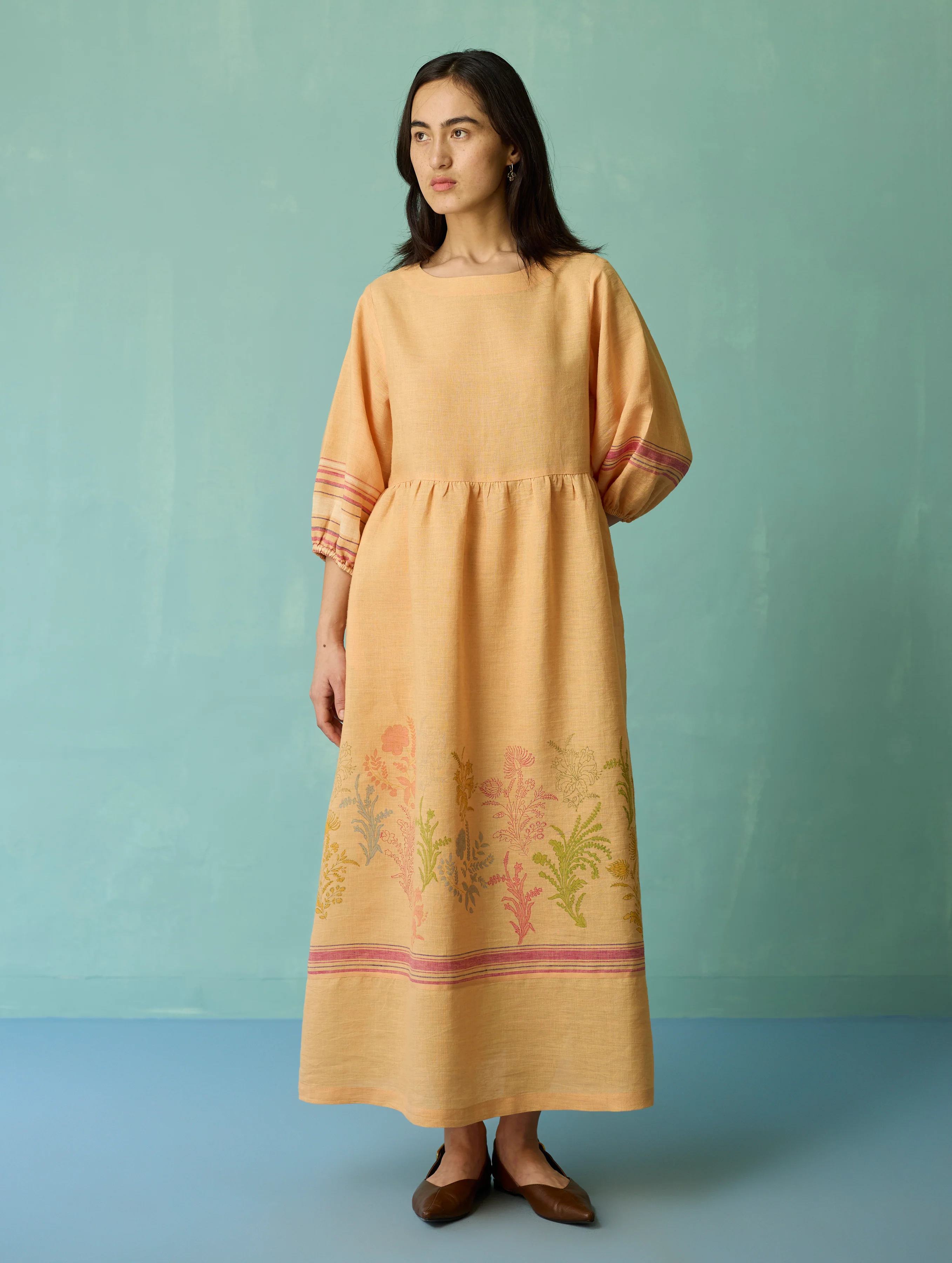 Ora Block-Printed Floral Linen Dress - Apricot - Image 9