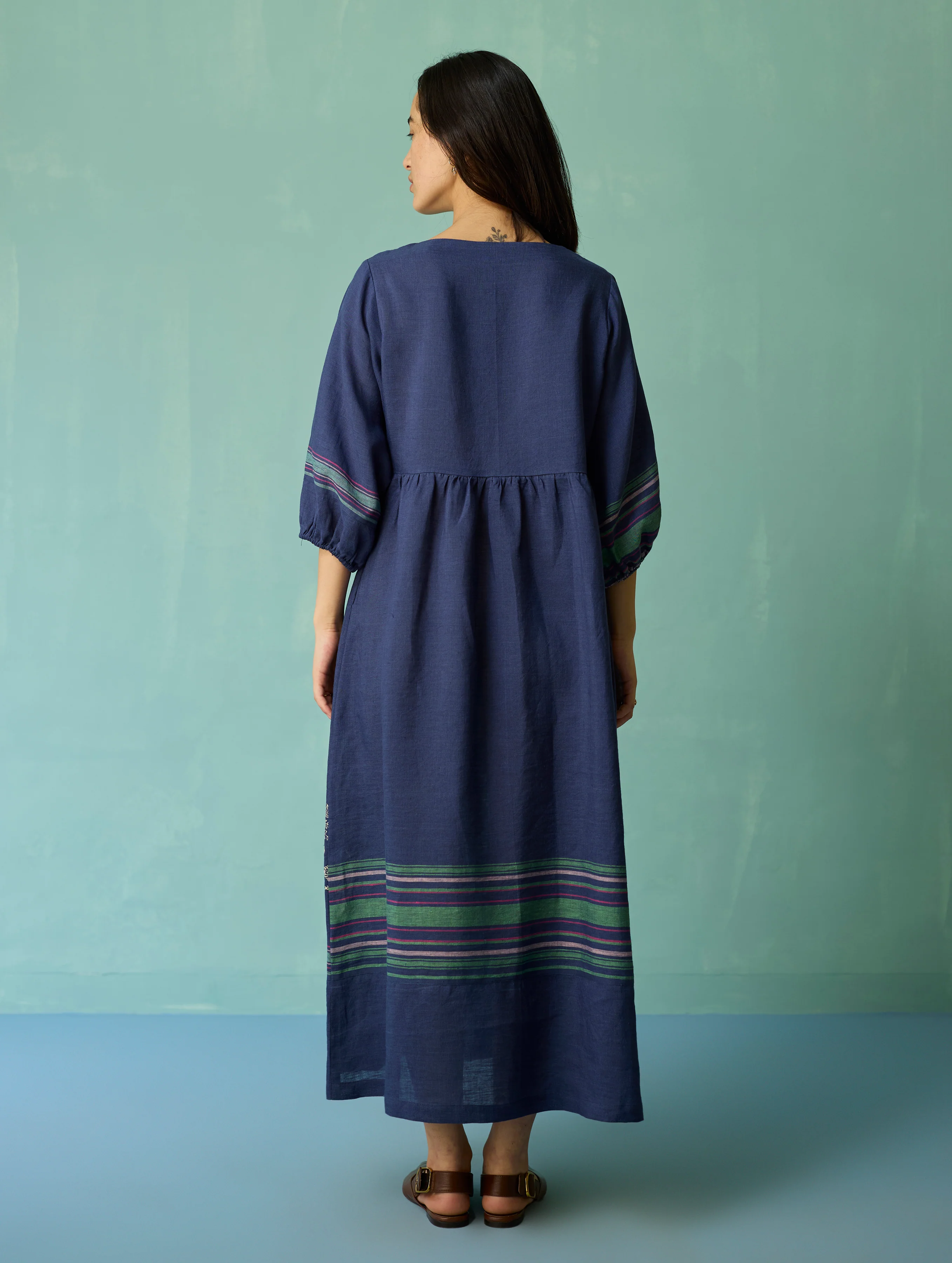 Ora Block-Printed Floral Linen Dress - Indigo - Image 9