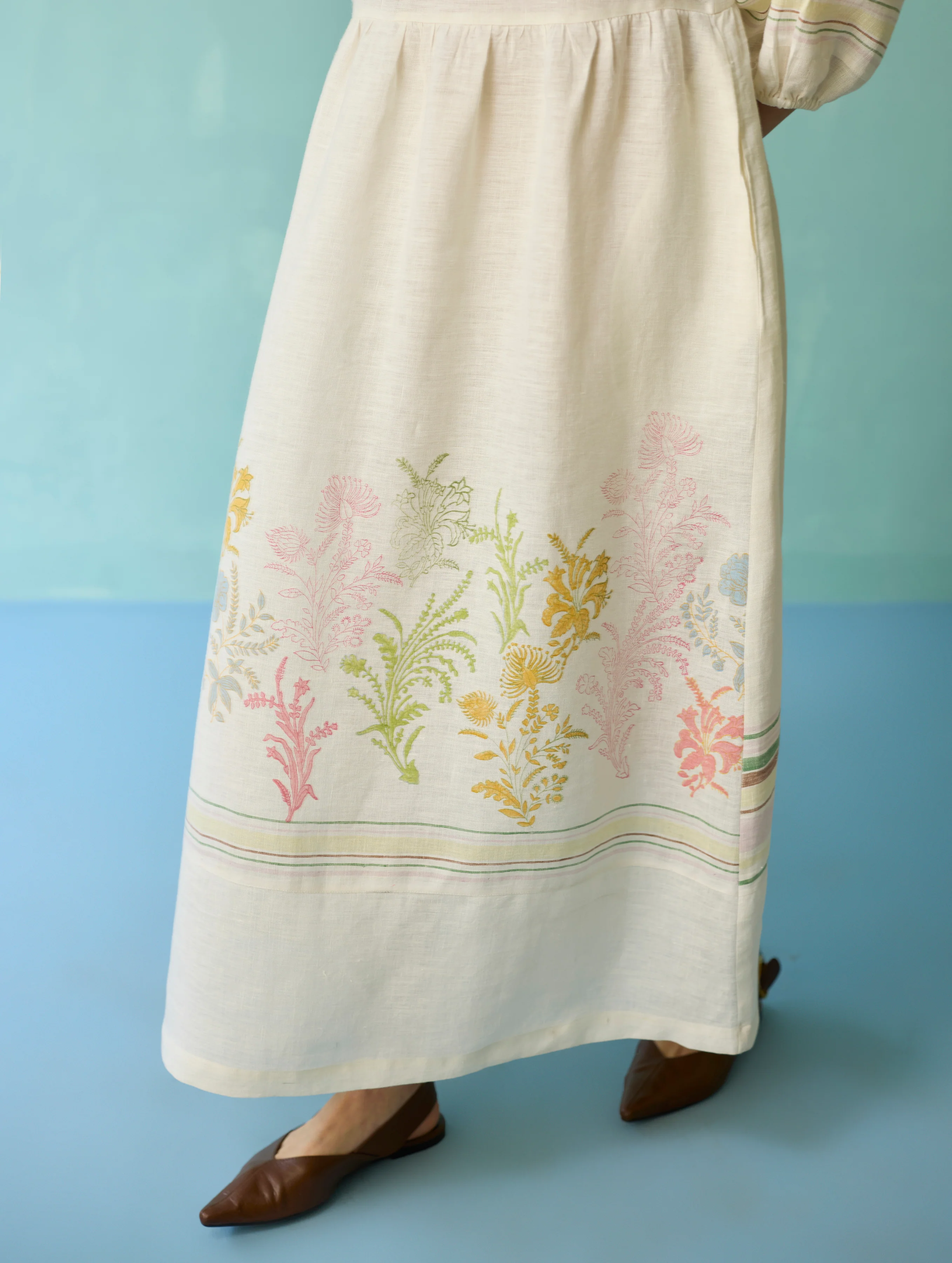 Ora Block-Printed Floral Linen Dress - Ivory - Image 10