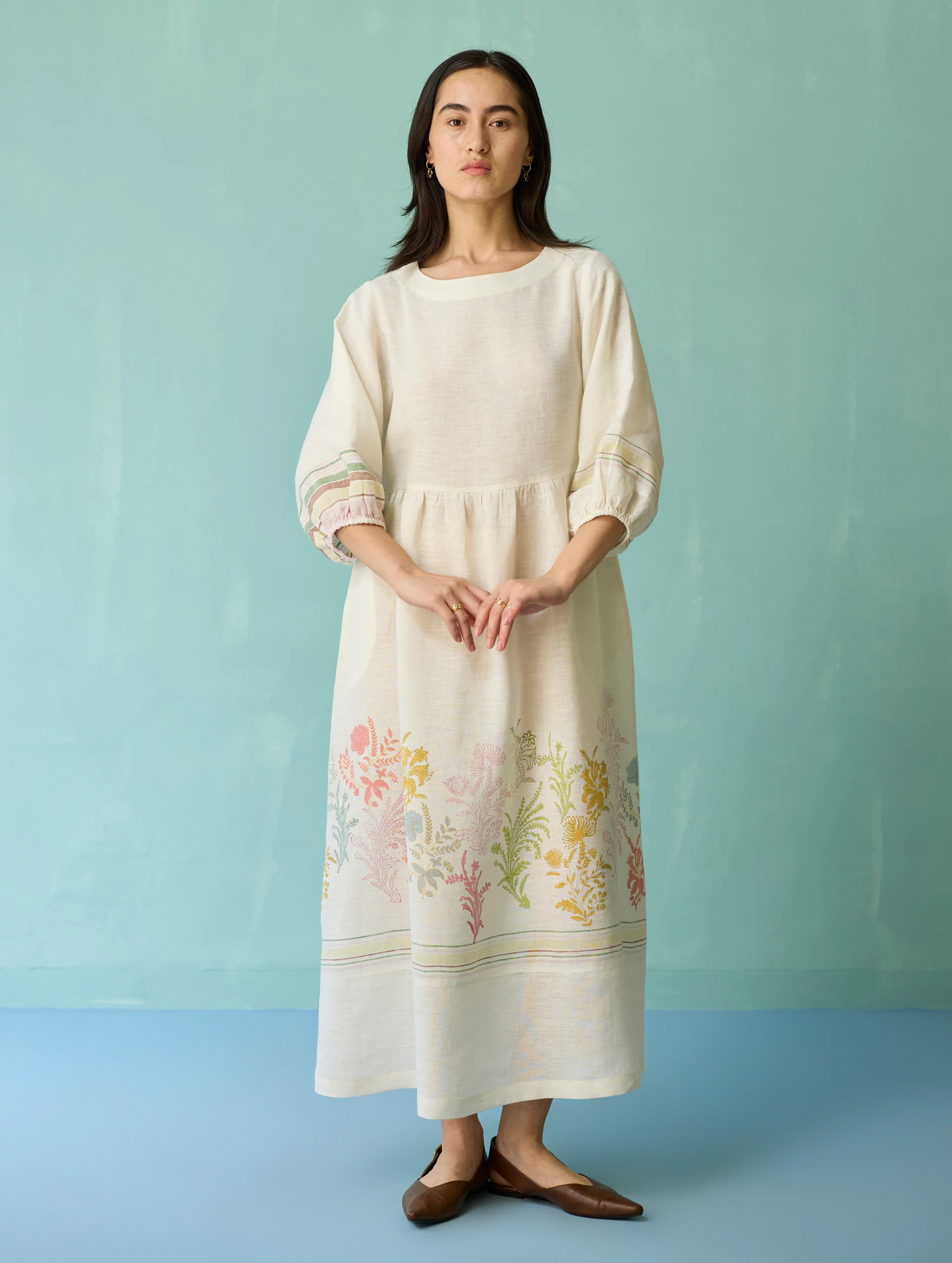 Ora Block-Printed Floral Linen Dress - Ivory - Image 11
