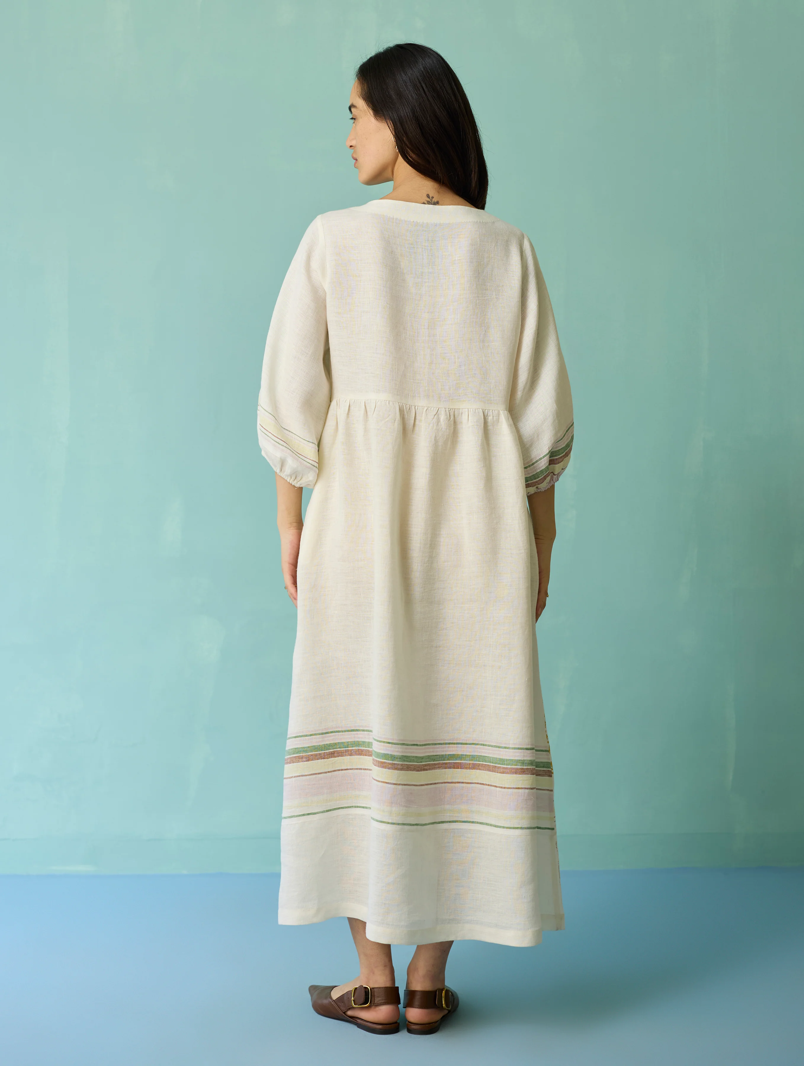 Ora Block-Printed Floral Linen Dress - Ivory - Image 12