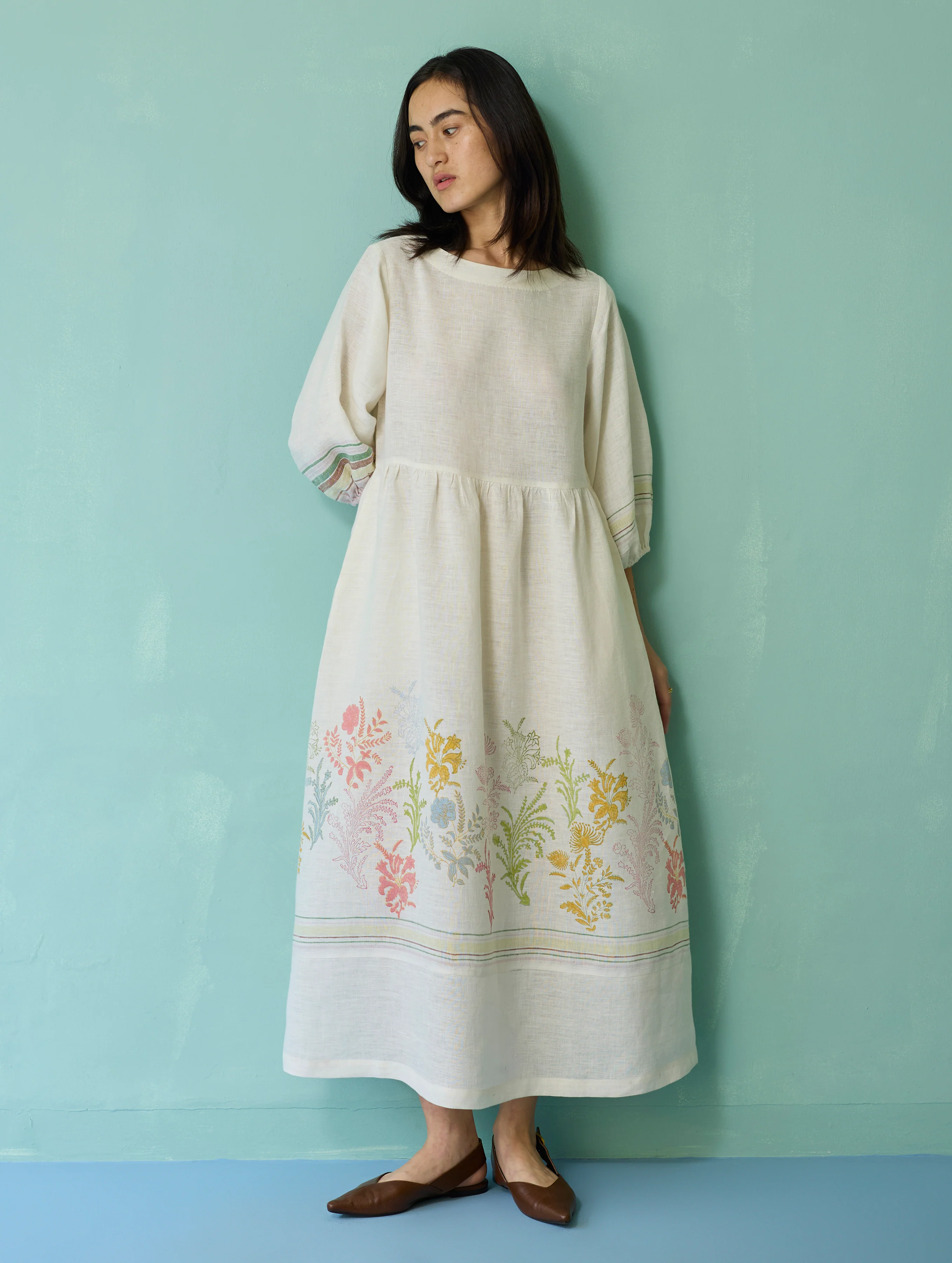 Ora Block-Printed Floral Linen Dress - Ivory - Image 2