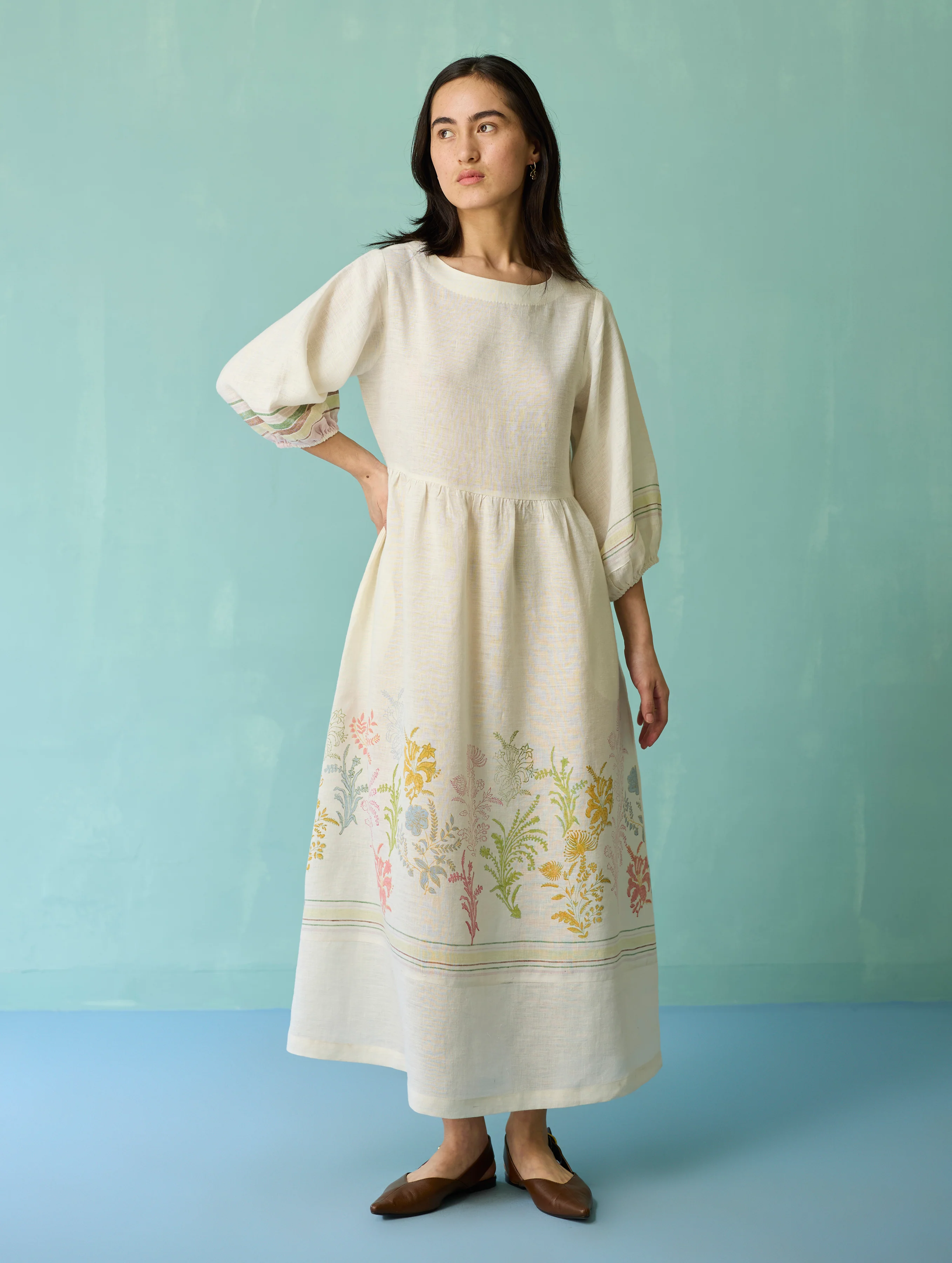 Ora Block-Printed Floral Linen Dress - Ivory - Image 5