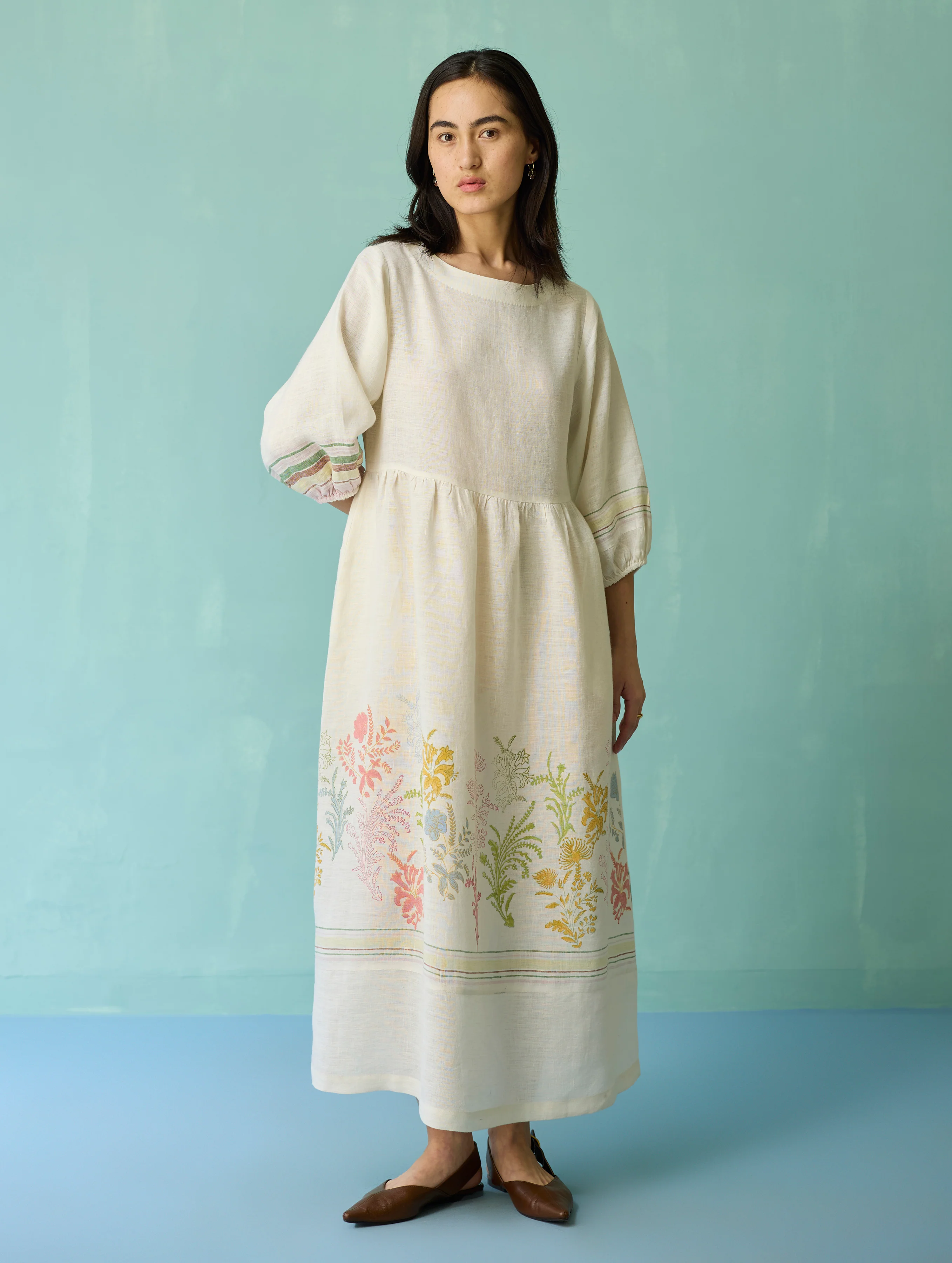 Ora Block-Printed Floral Linen Dress - Ivory - Image 6