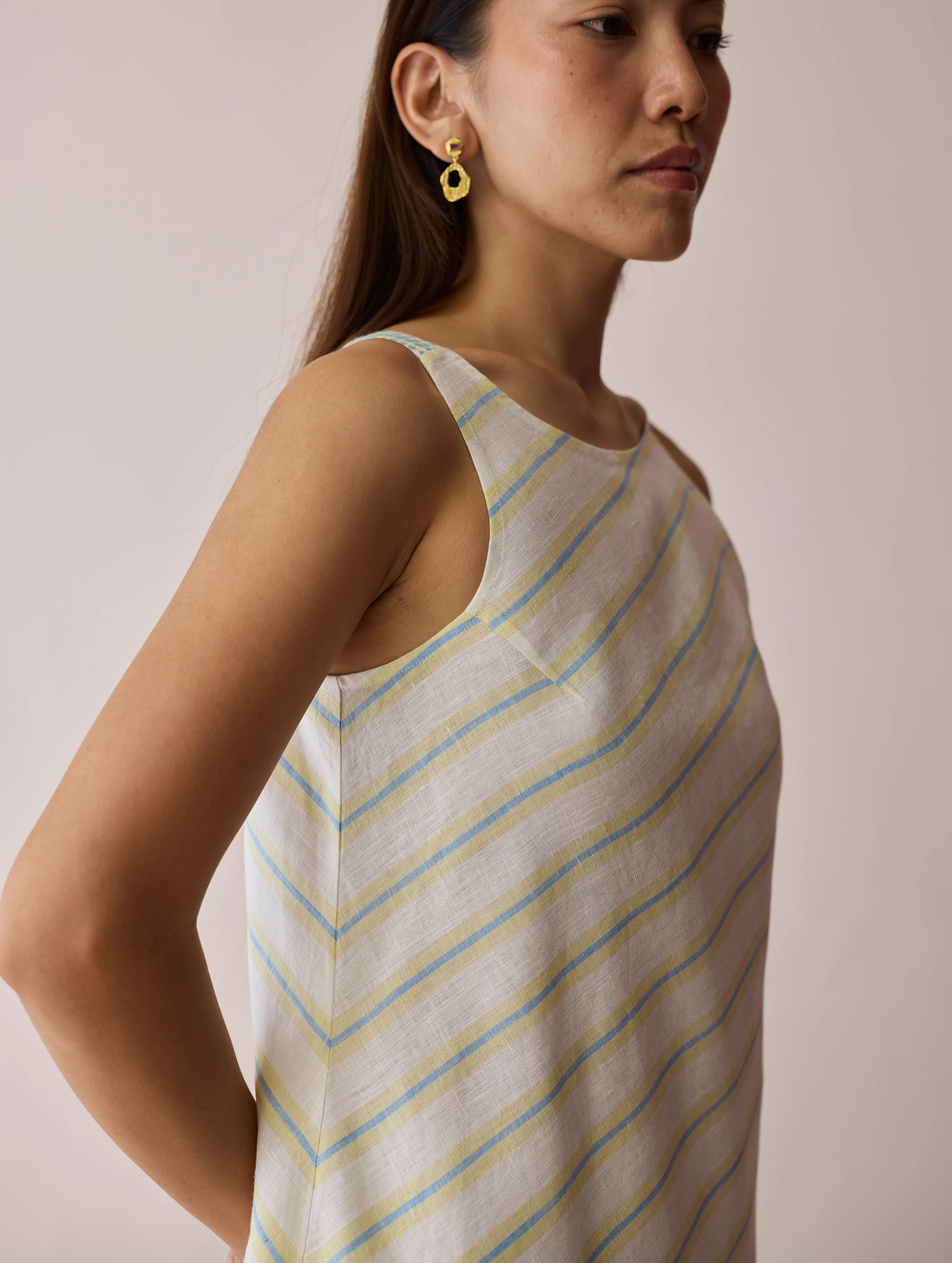 Orta Stripe Linen Bias Sleeveless Dress - Ivory - Image 11