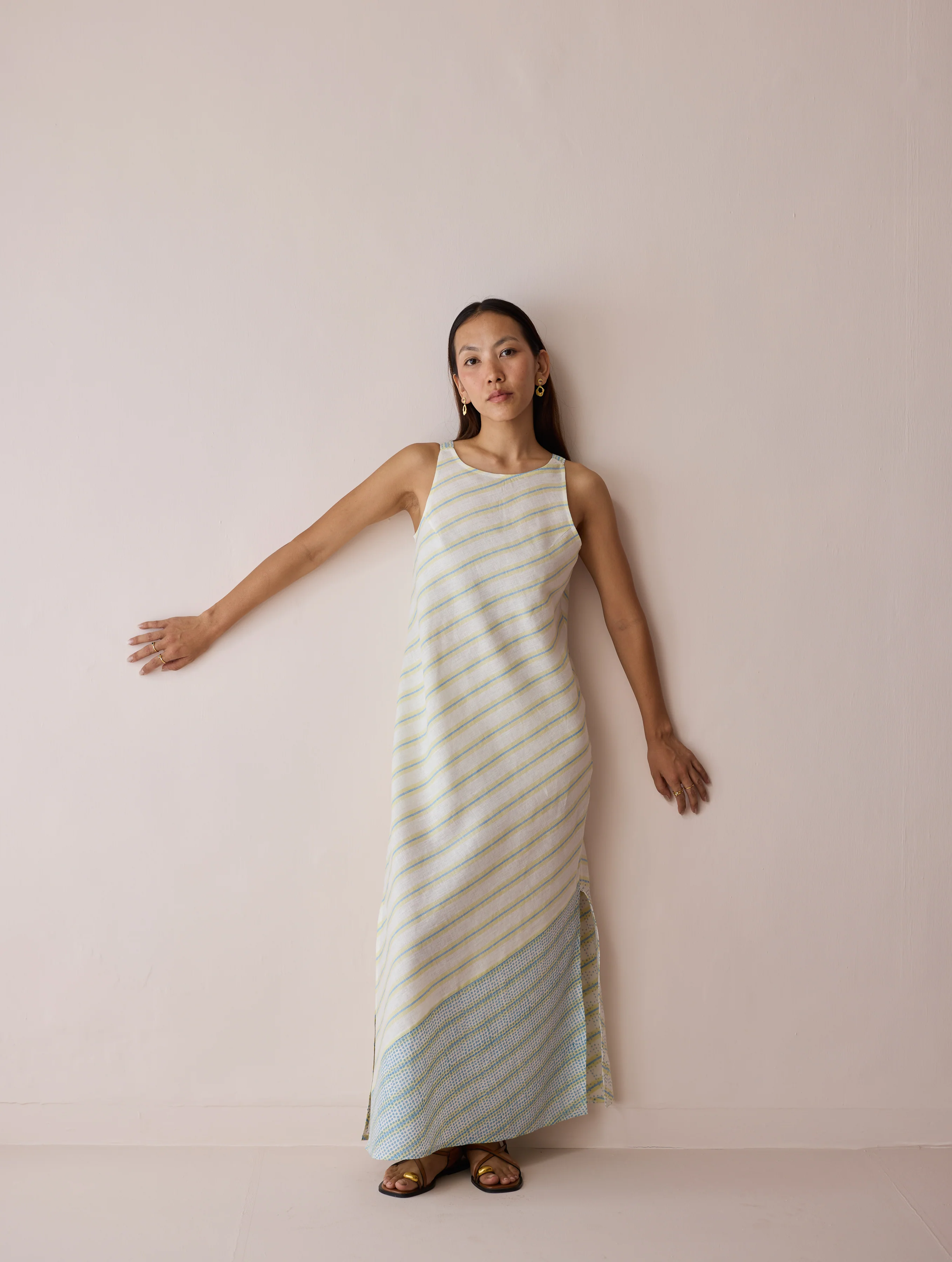 Orta Stripe Linen Bias Sleeveless Dress - Ivory - Image 12