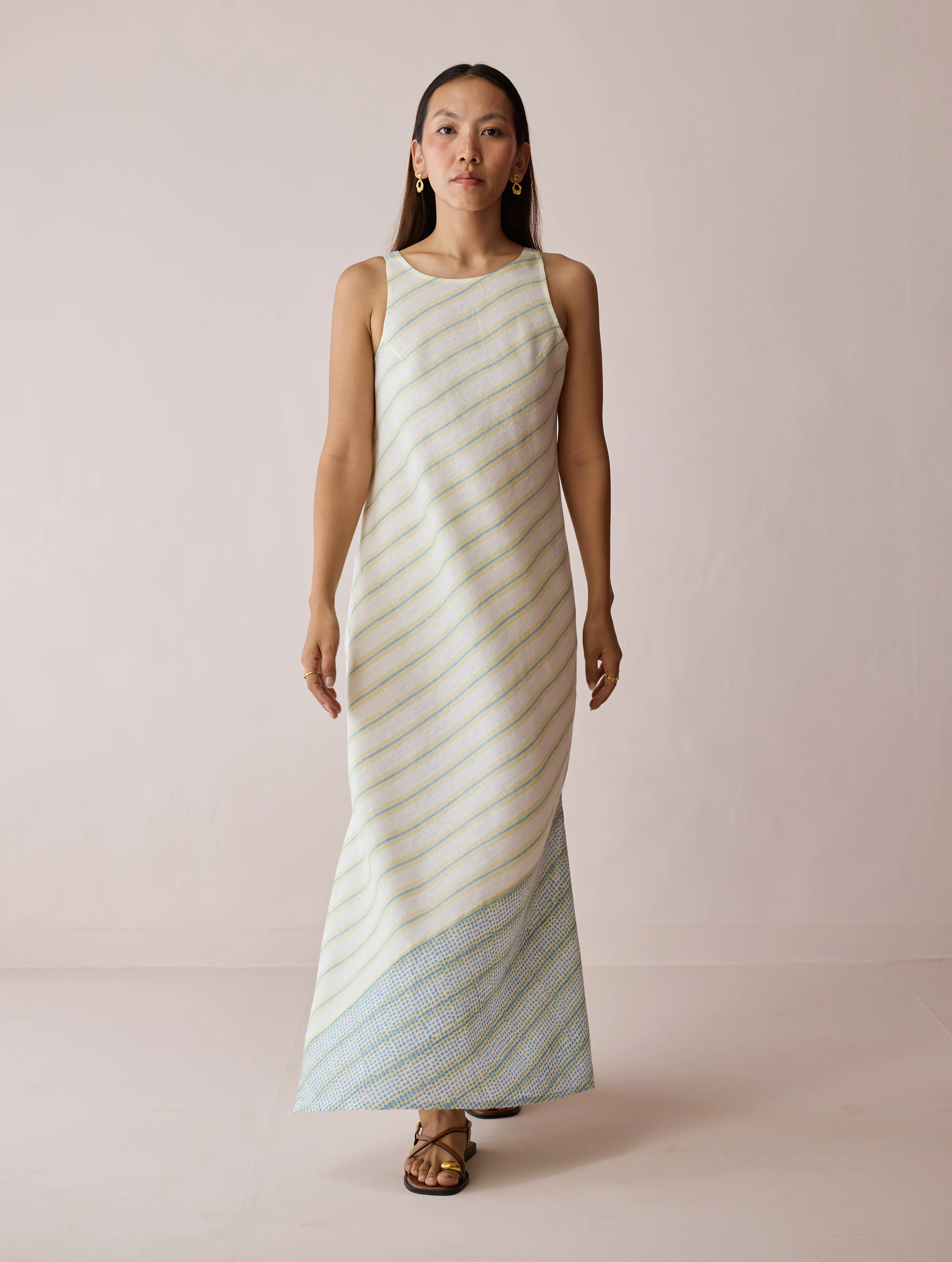 Orta Stripe Linen Bias Sleeveless Dress - Ivory - Image 2