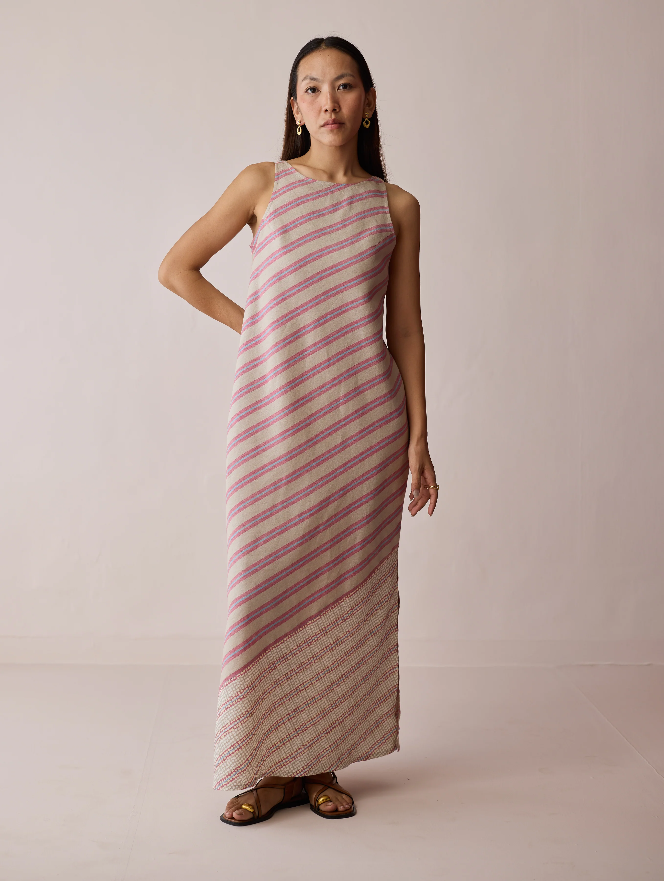 Orta Stripe Linen Bias Sleeveless Dress - Natural