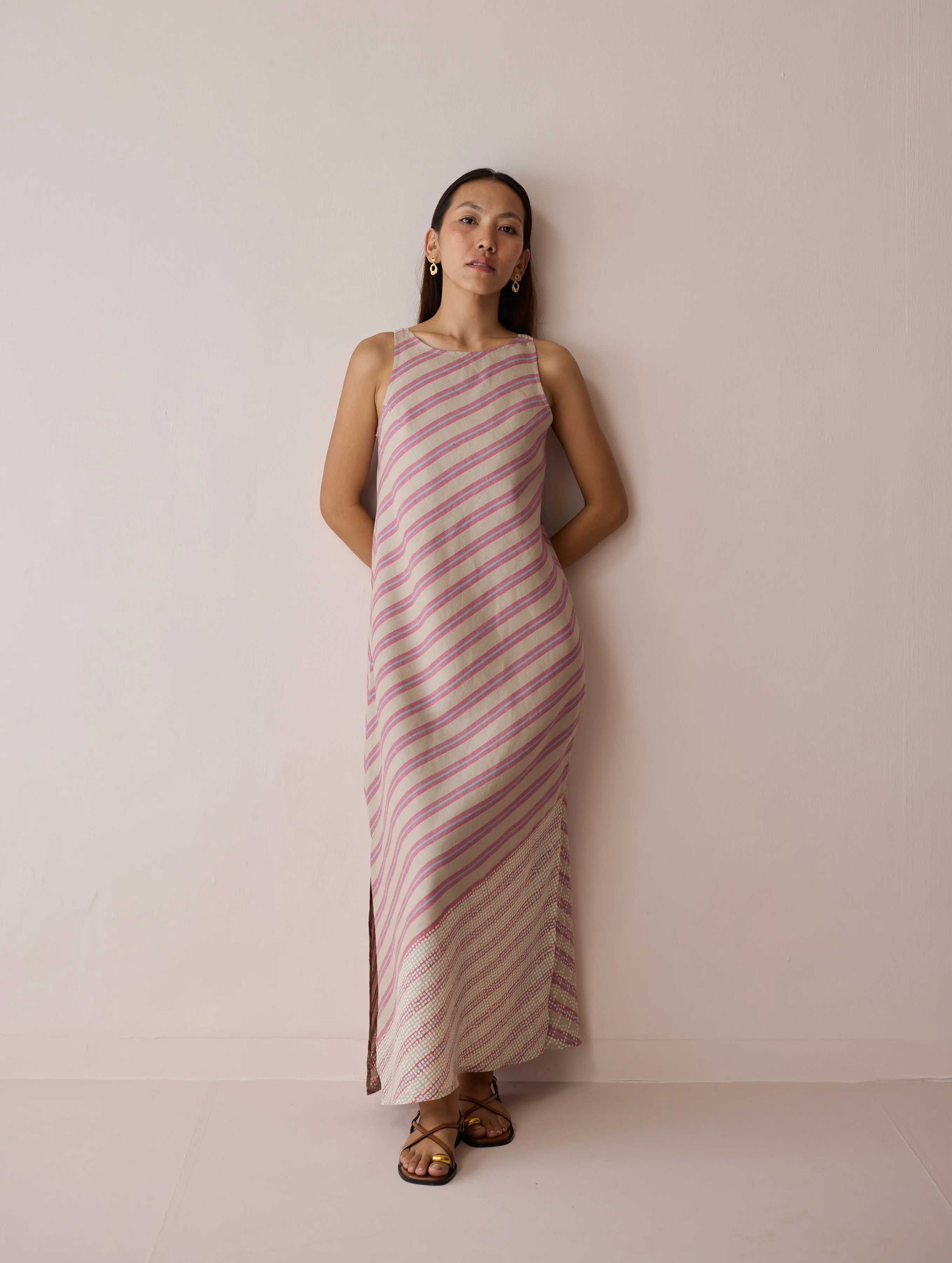 Orta Stripe Linen Bias Sleeveless Dress - Natural - Image 2