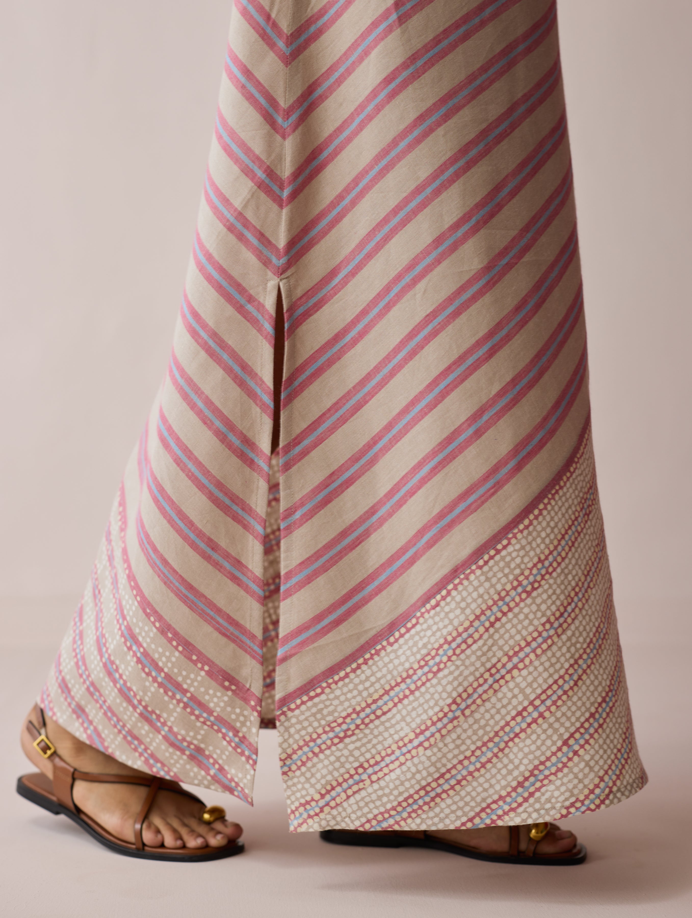 Orta Stripe Linen Bias Sleeveless Dress - Natural - Image 3