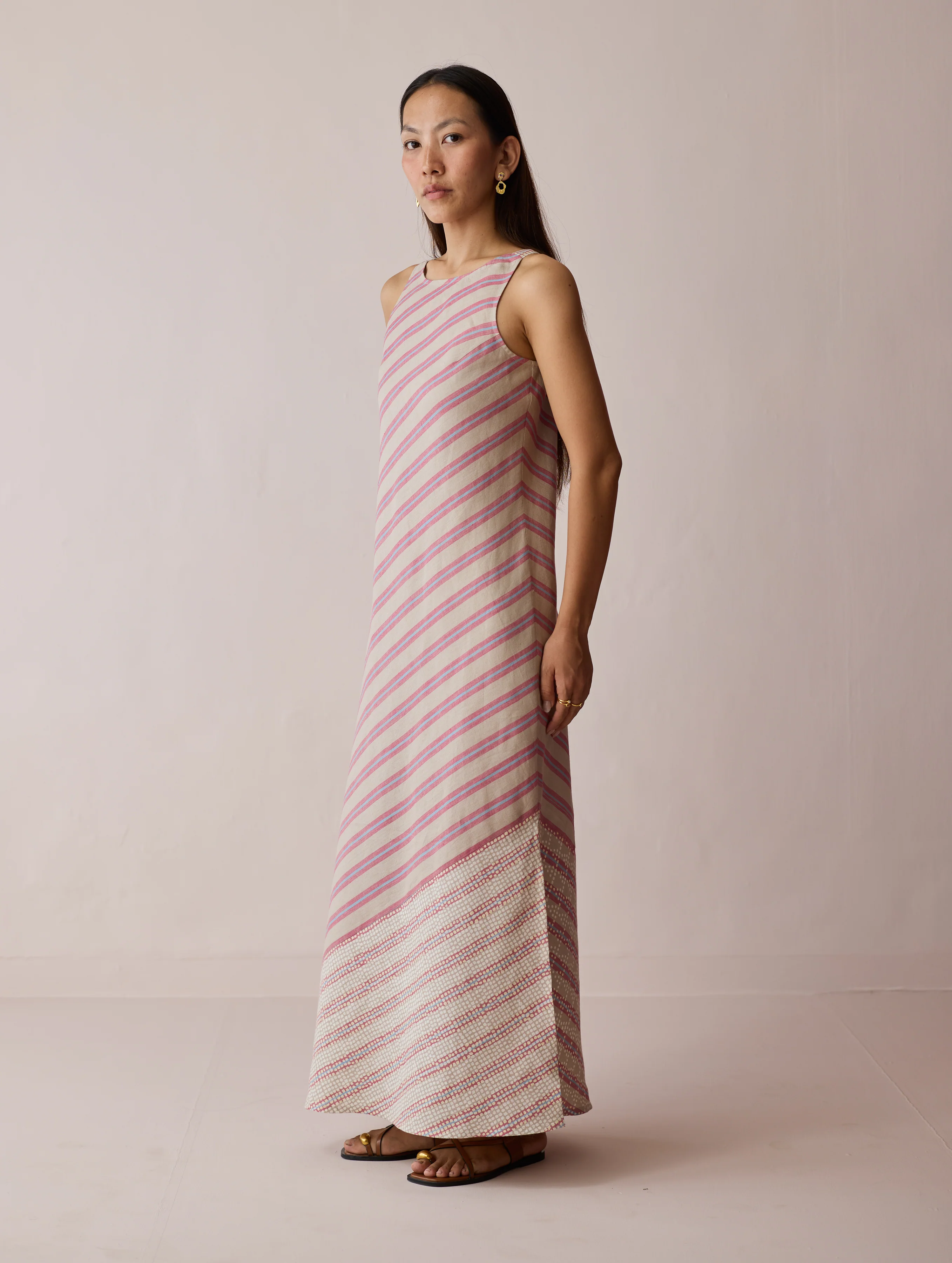 Orta Stripe Linen Bias Sleeveless Dress - Natural - Image 4