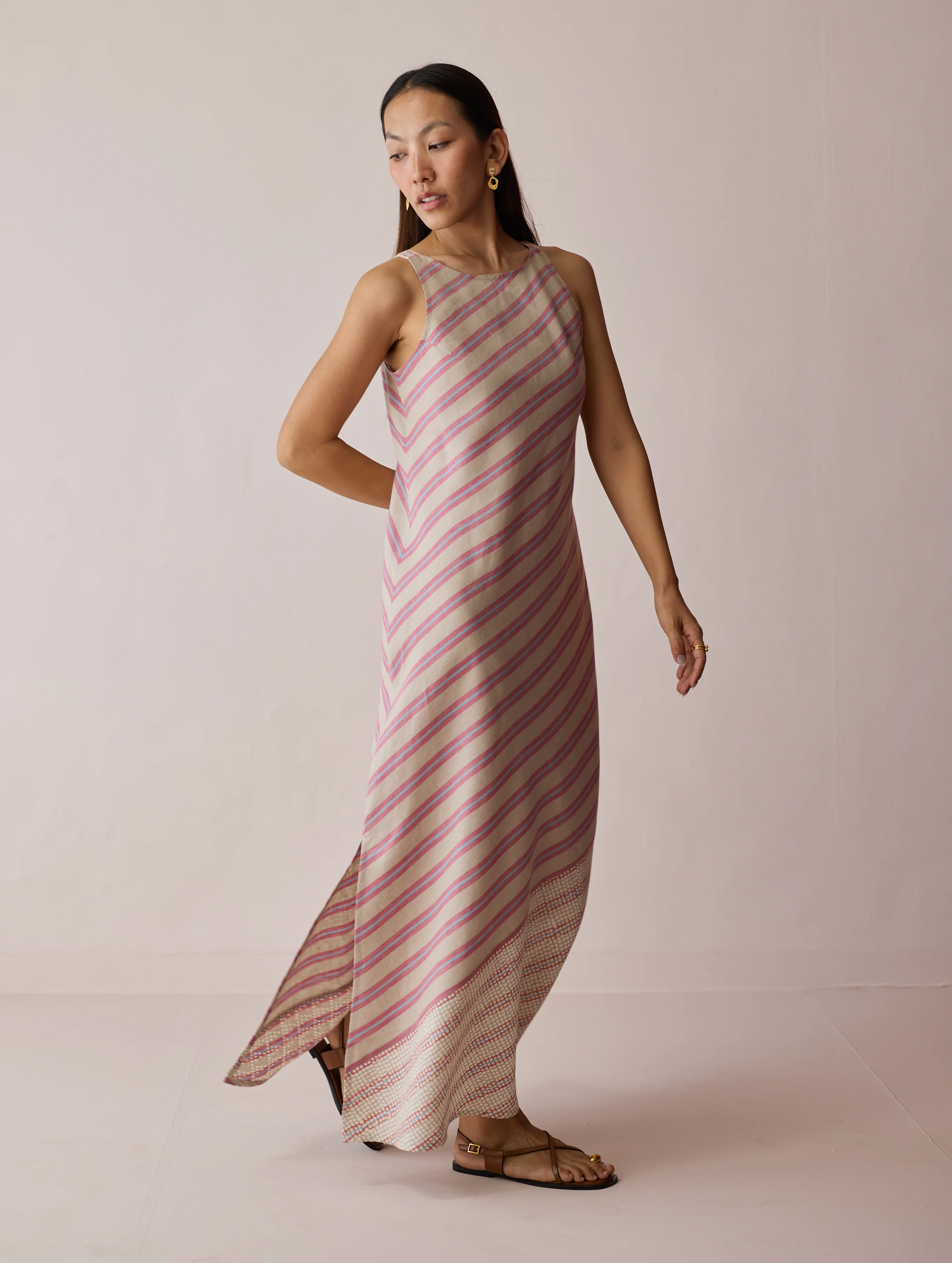 Orta Stripe Linen Bias Sleeveless Dress - Natural - Image 5