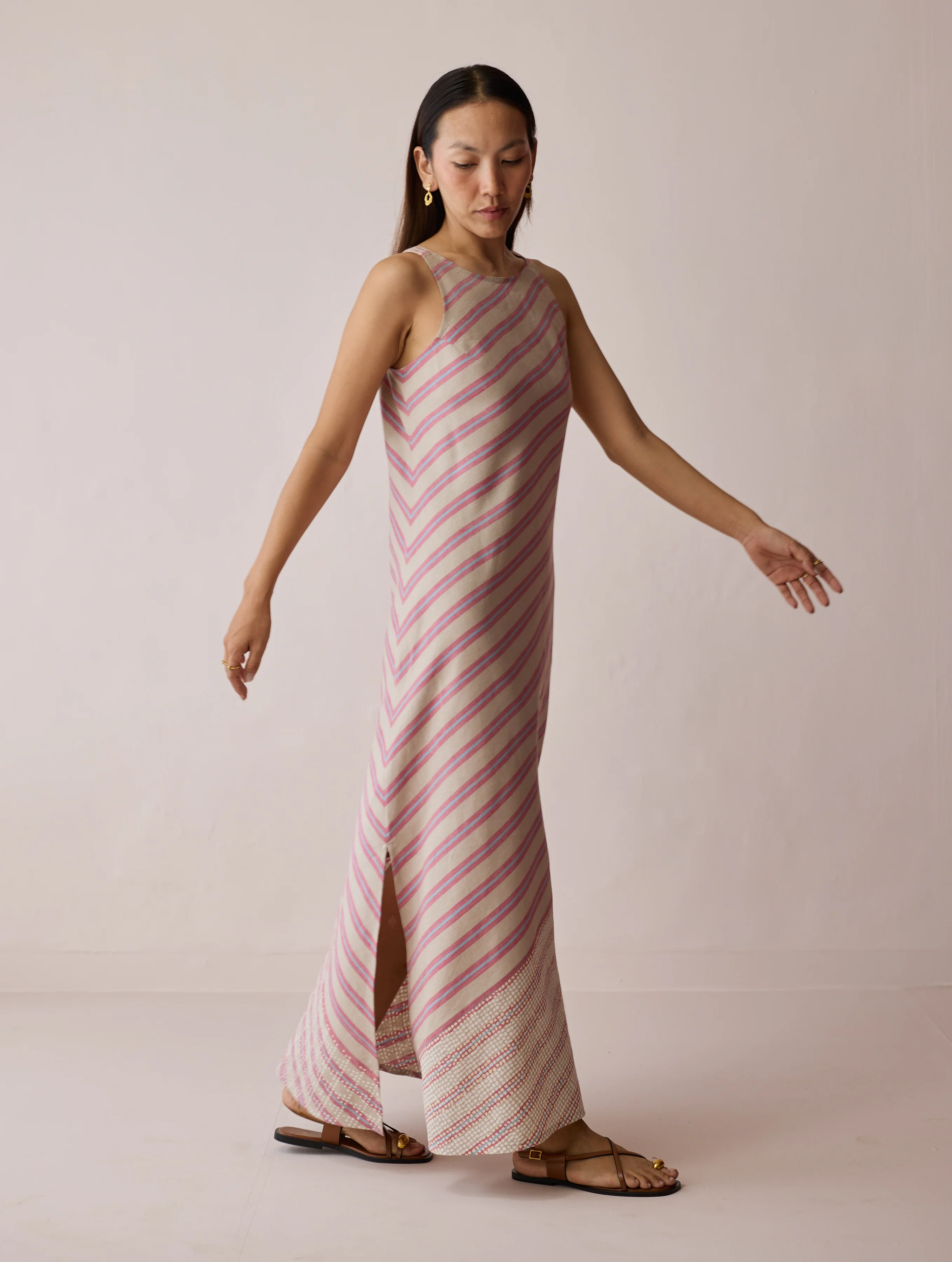 Orta Stripe Linen Bias Sleeveless Dress - Natural - Image 6