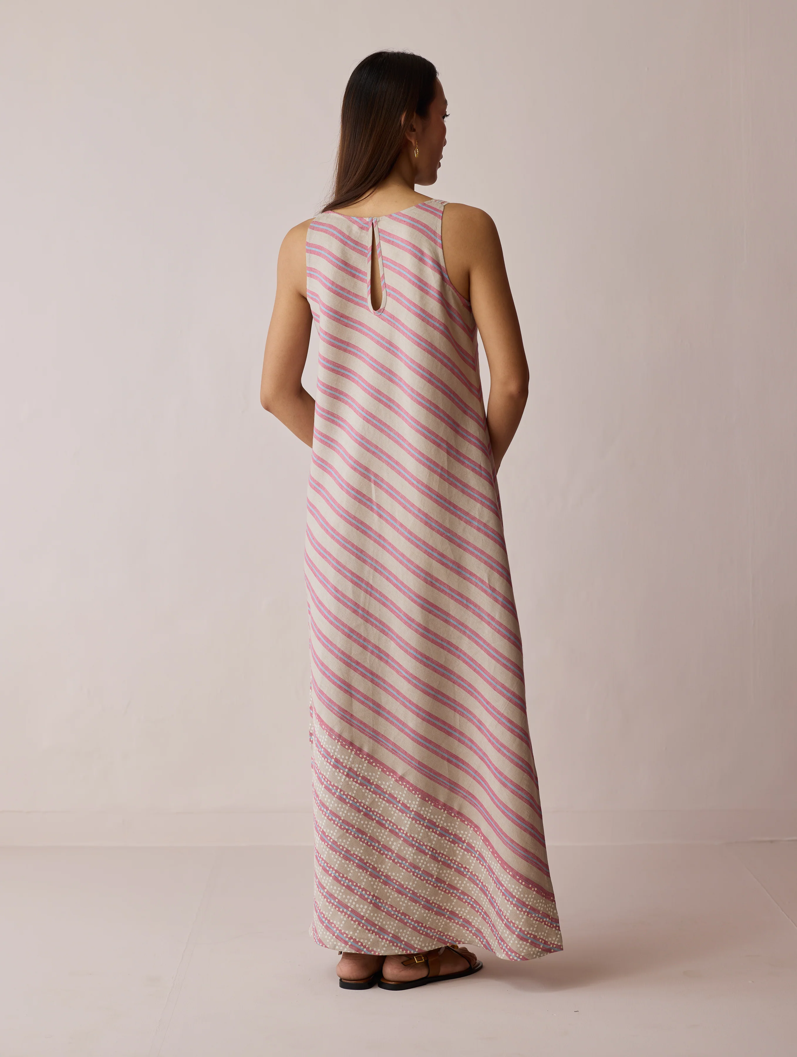 Orta Stripe Linen Bias Sleeveless Dress - Natural - Image 8
