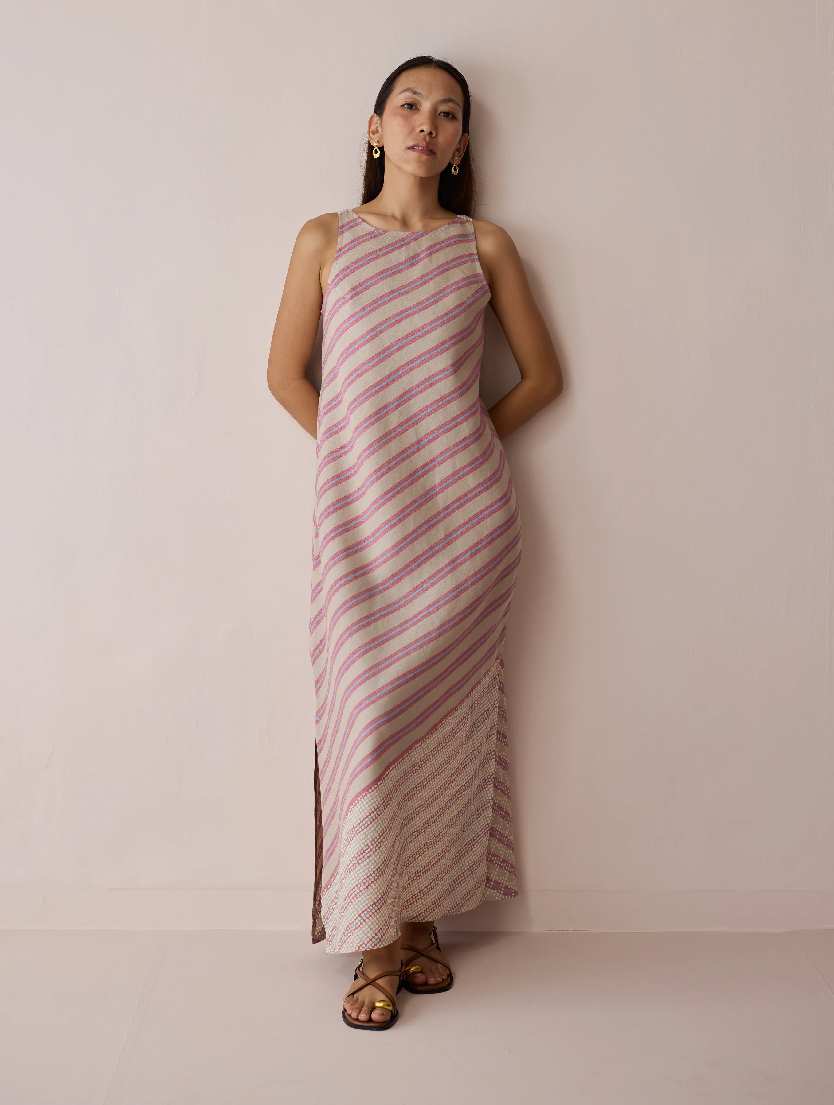 Orta Stripe Linen Bias Sleeveless Dress - Natural - Image 9