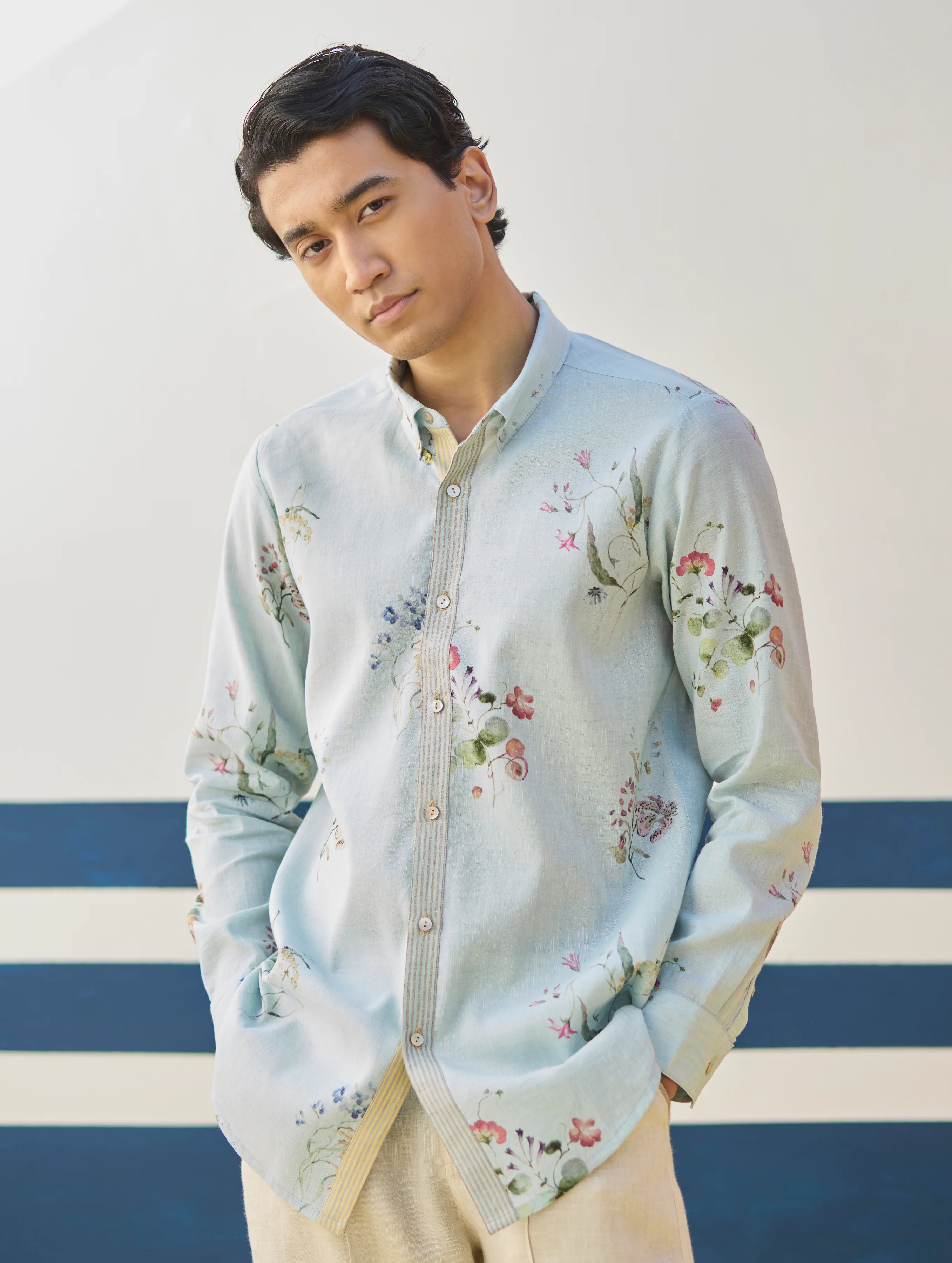 Ovi Watercolour Floral Shirt - Sky - Image 6