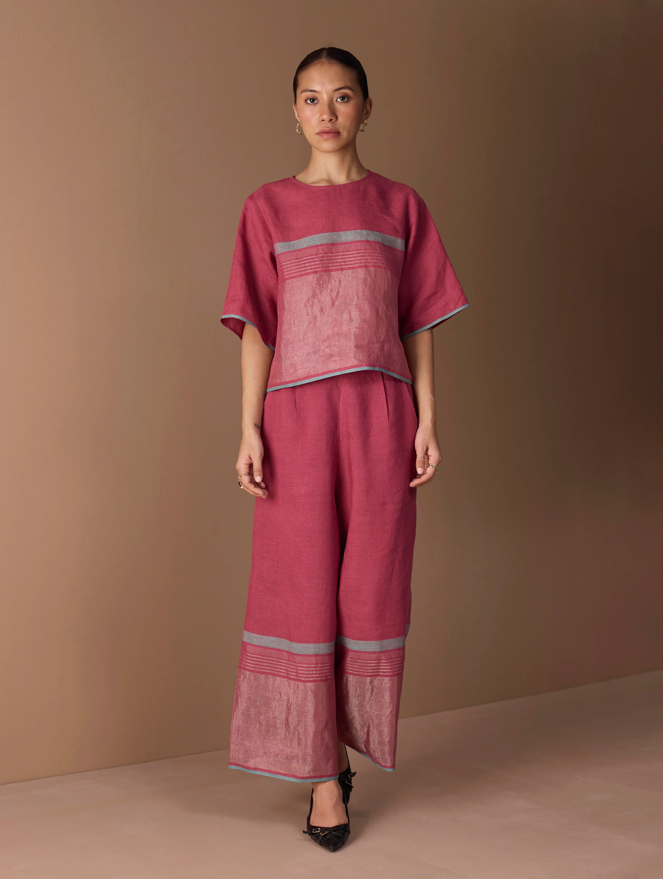 Ozra Cropped Linen Top - Metallic Crimson - Image 2