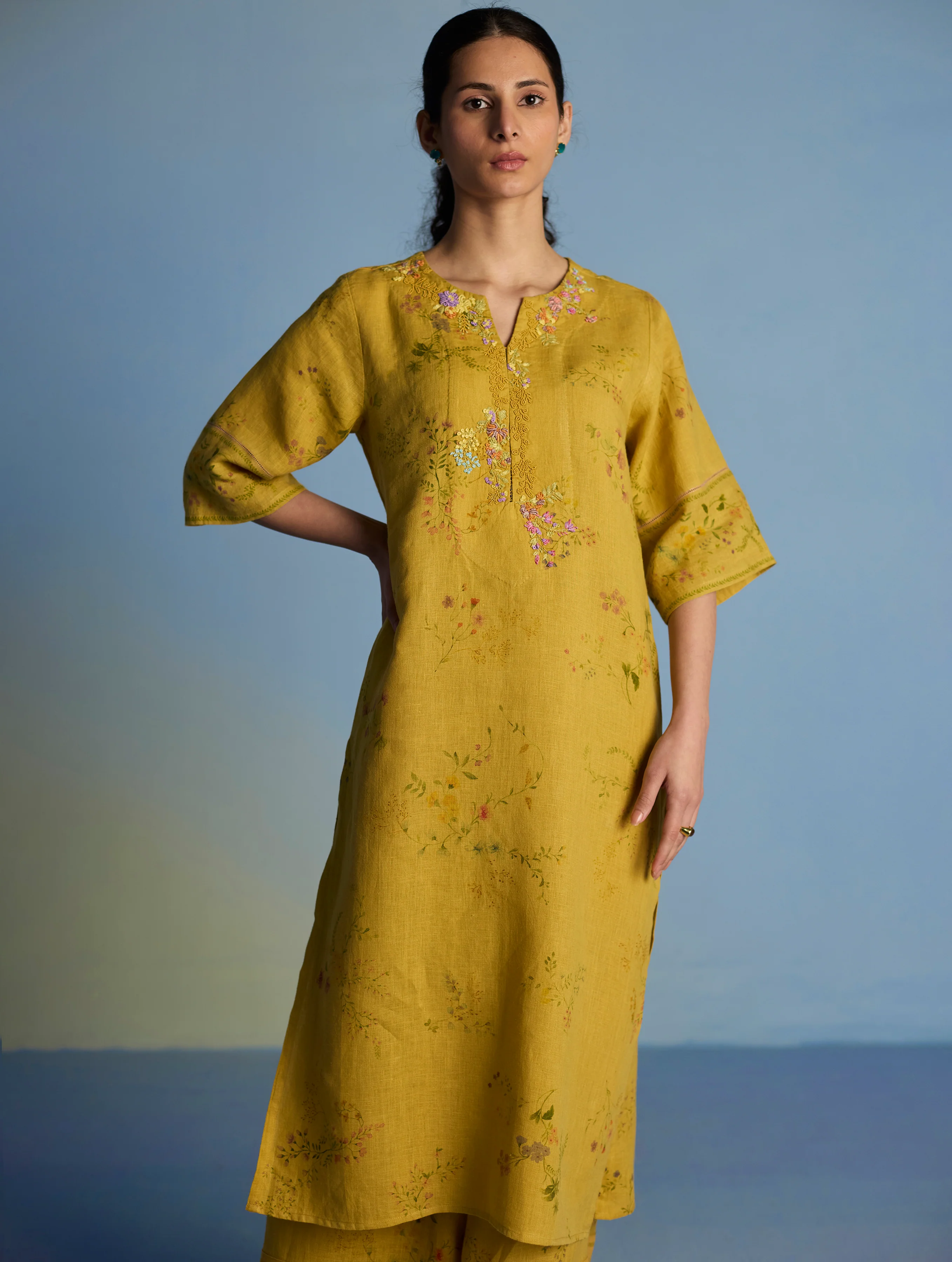 Para Hand-Embroidered Linen Kurta Set  - Ochre - Image 4