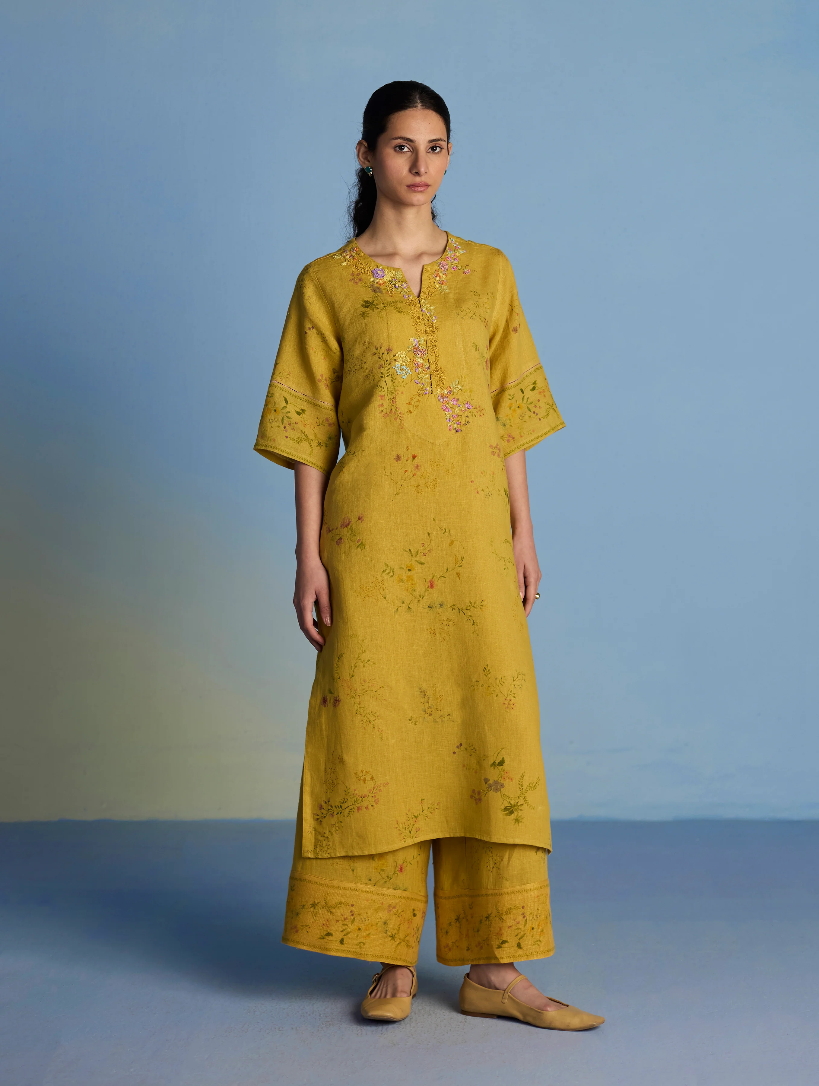 Para Hand-Embroidered Linen Kurta Set  - Ochre - Image 9