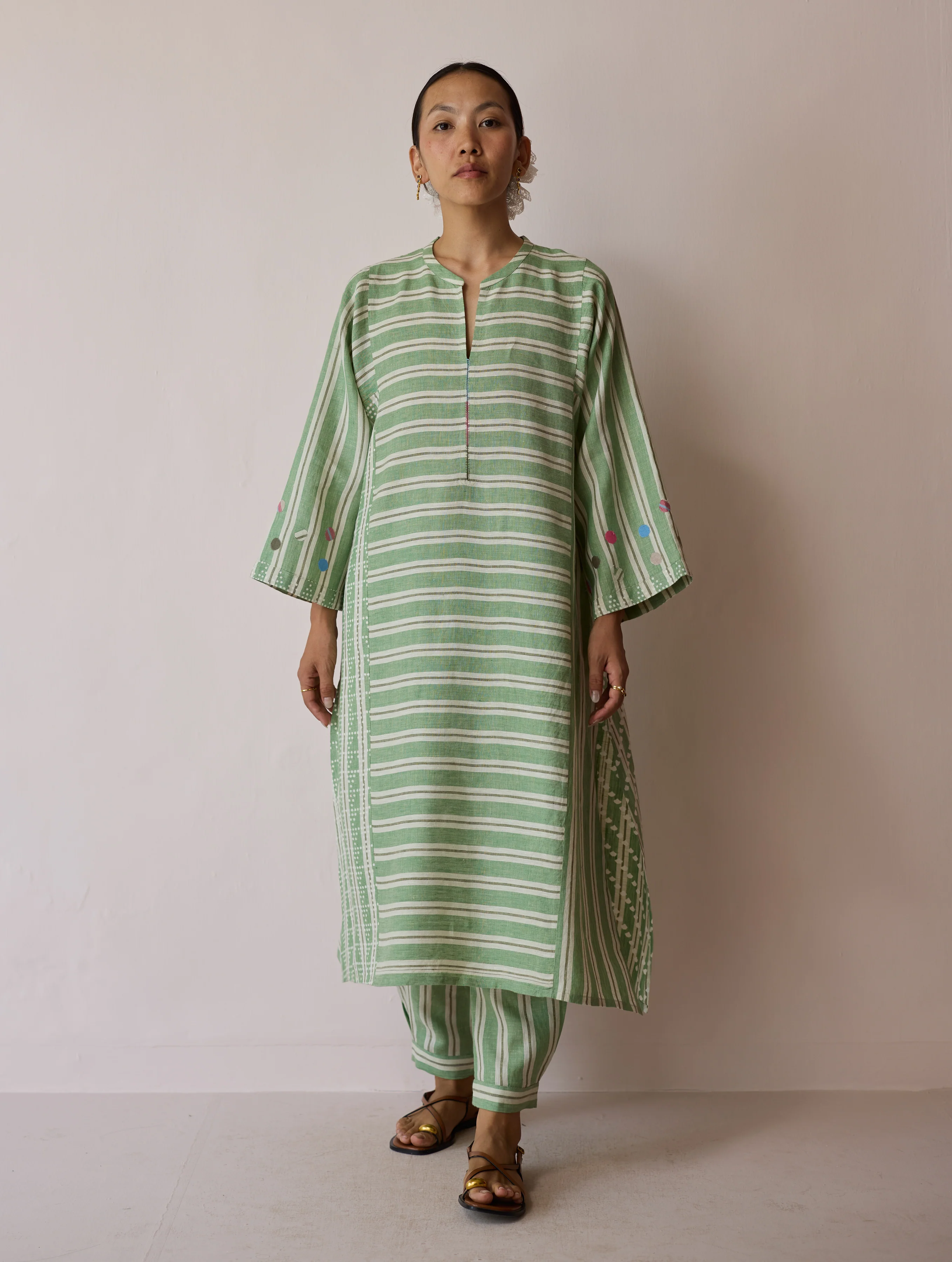 Parvee Block-Printed Linen Angrakha Kurta - Fern - Image 11