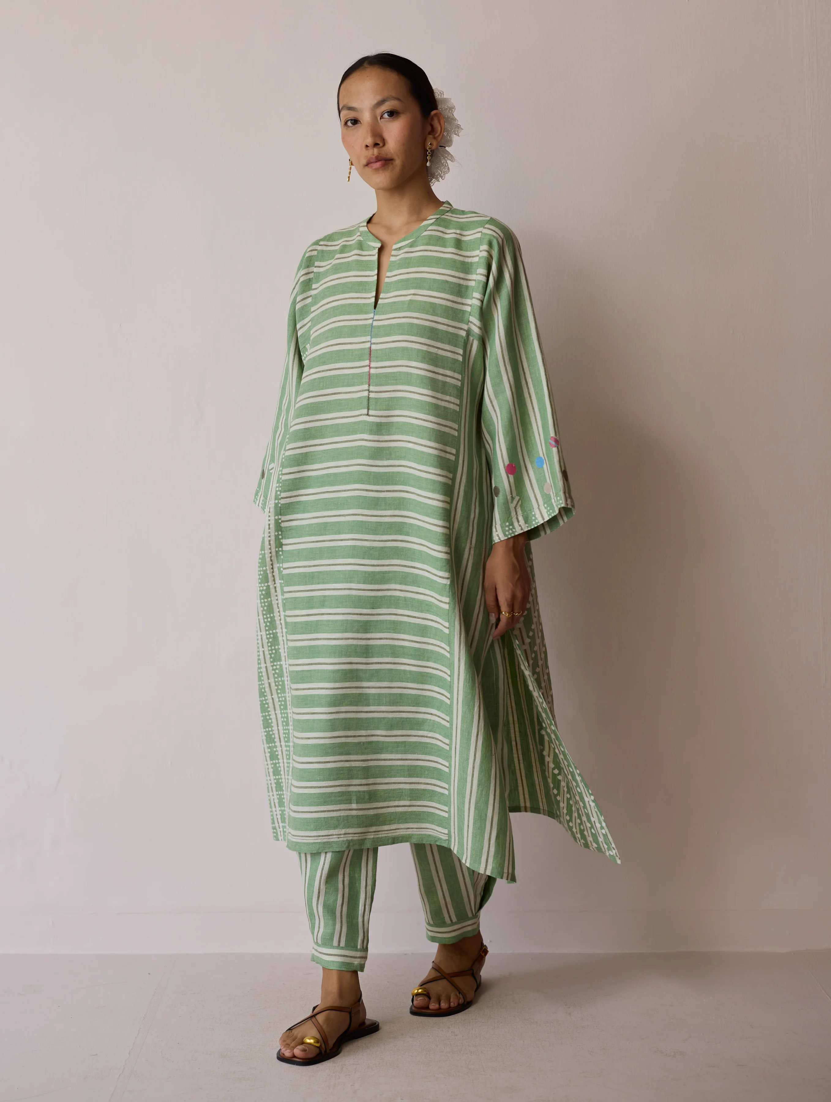 Parvee Block-Printed Linen Angrakha Kurta - Fern - Image 12