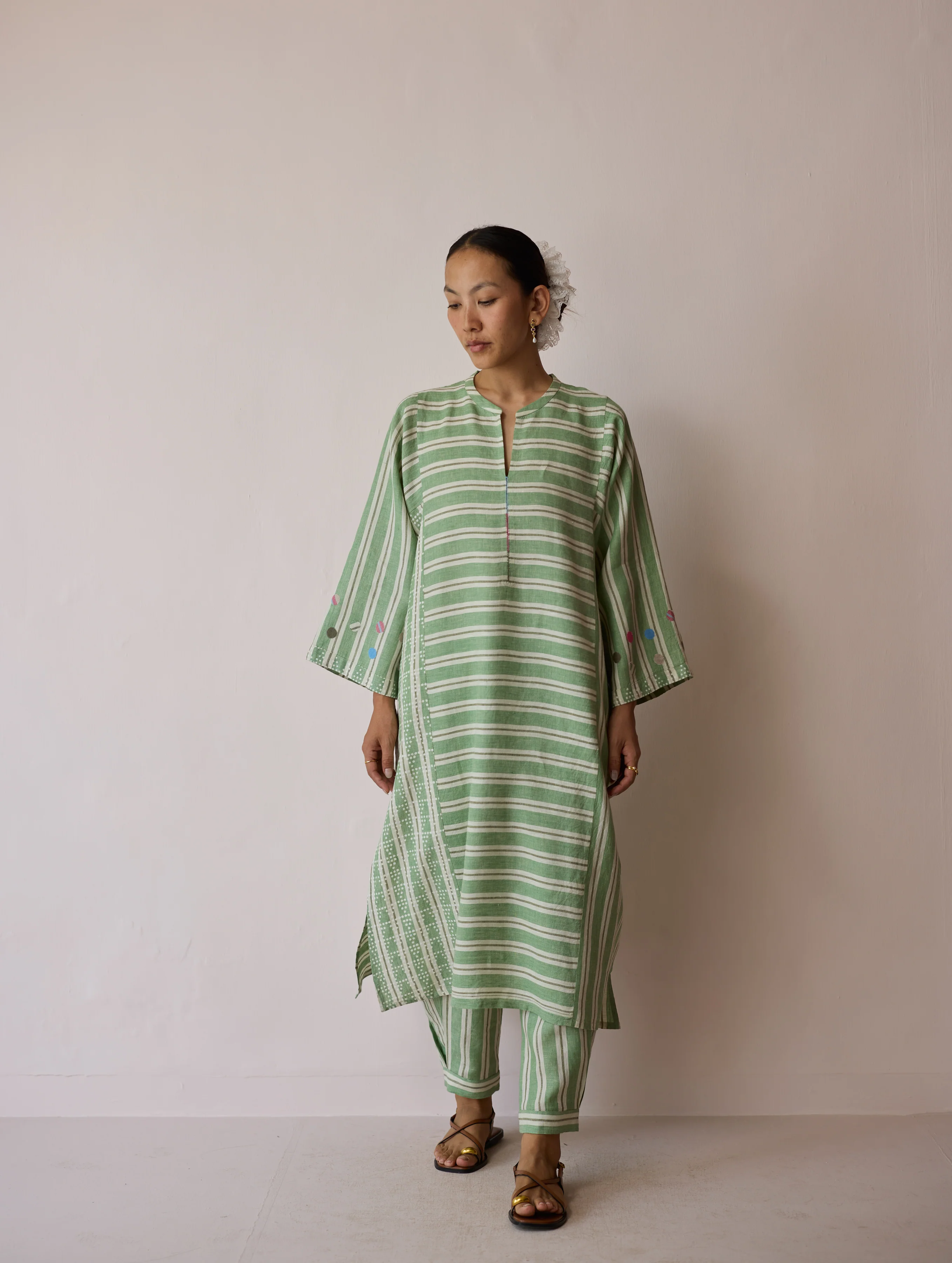 Parvee Block-Printed Linen Angrakha Kurta - Fern - Image 3