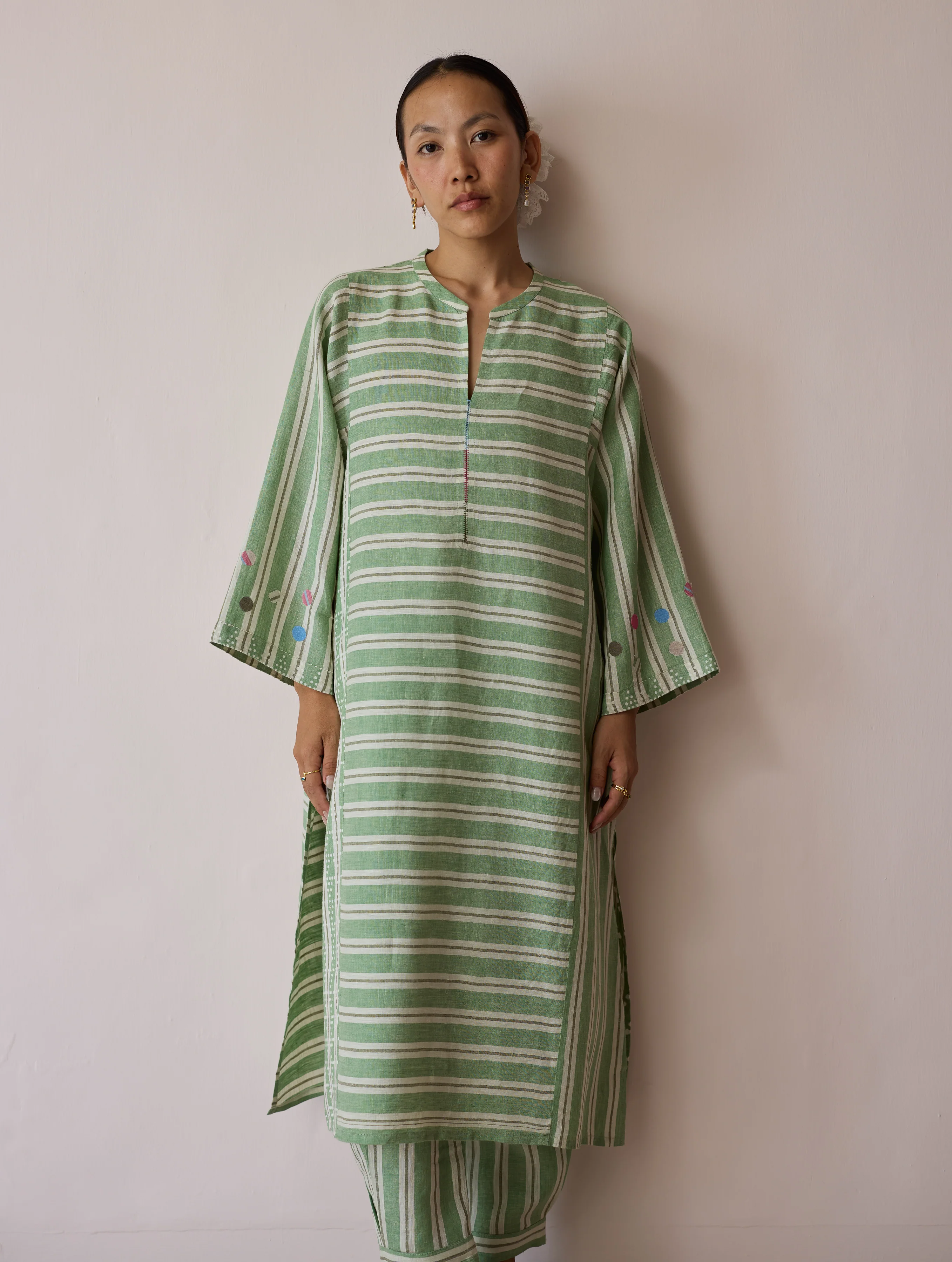 Parvee Block-Printed Linen Angrakha Kurta - Fern - Image 4