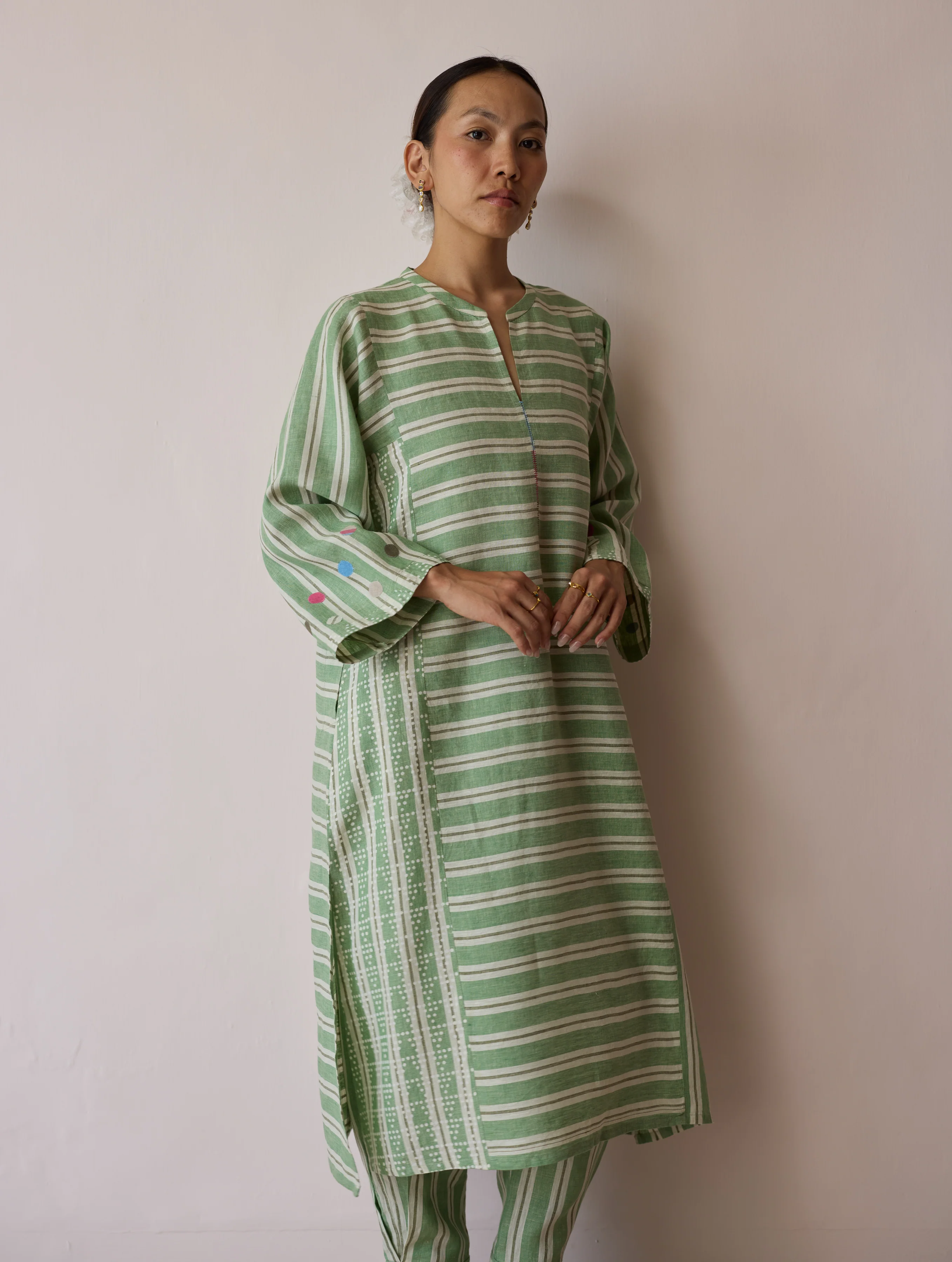 Parvee Block-Printed Linen Angrakha Kurta - Fern - Image 6