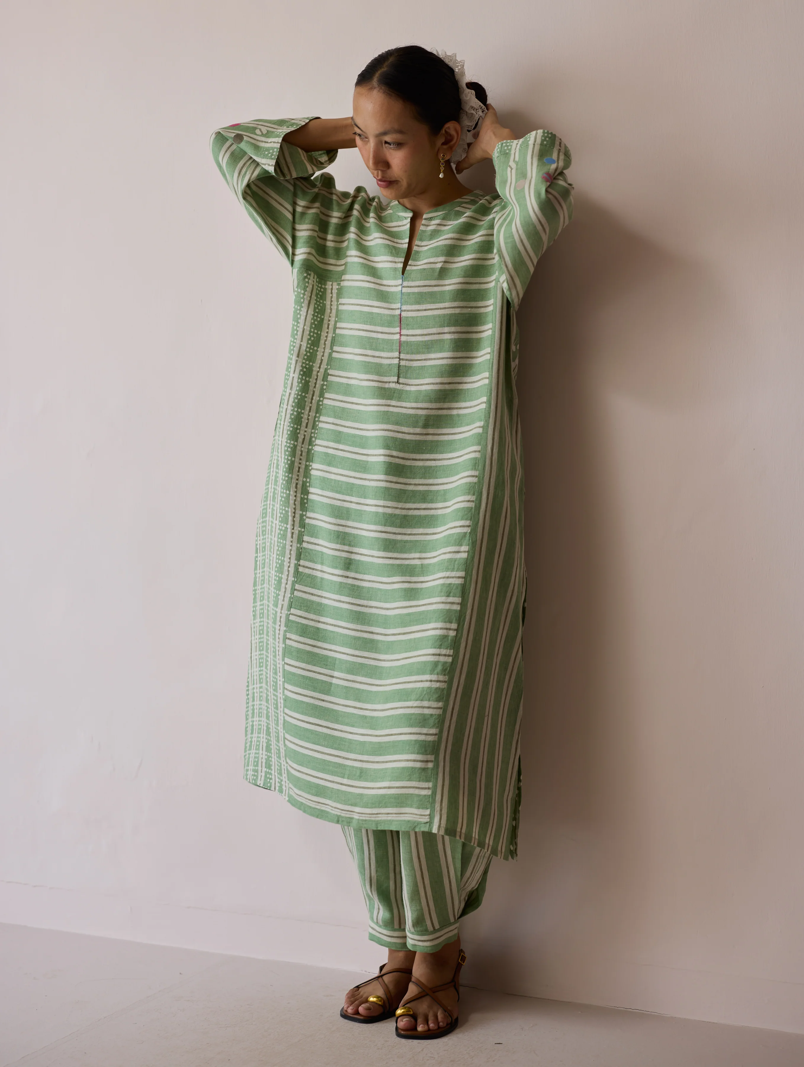 Parvee Block-Printed Linen Angrakha Kurta - Fern - Image 7