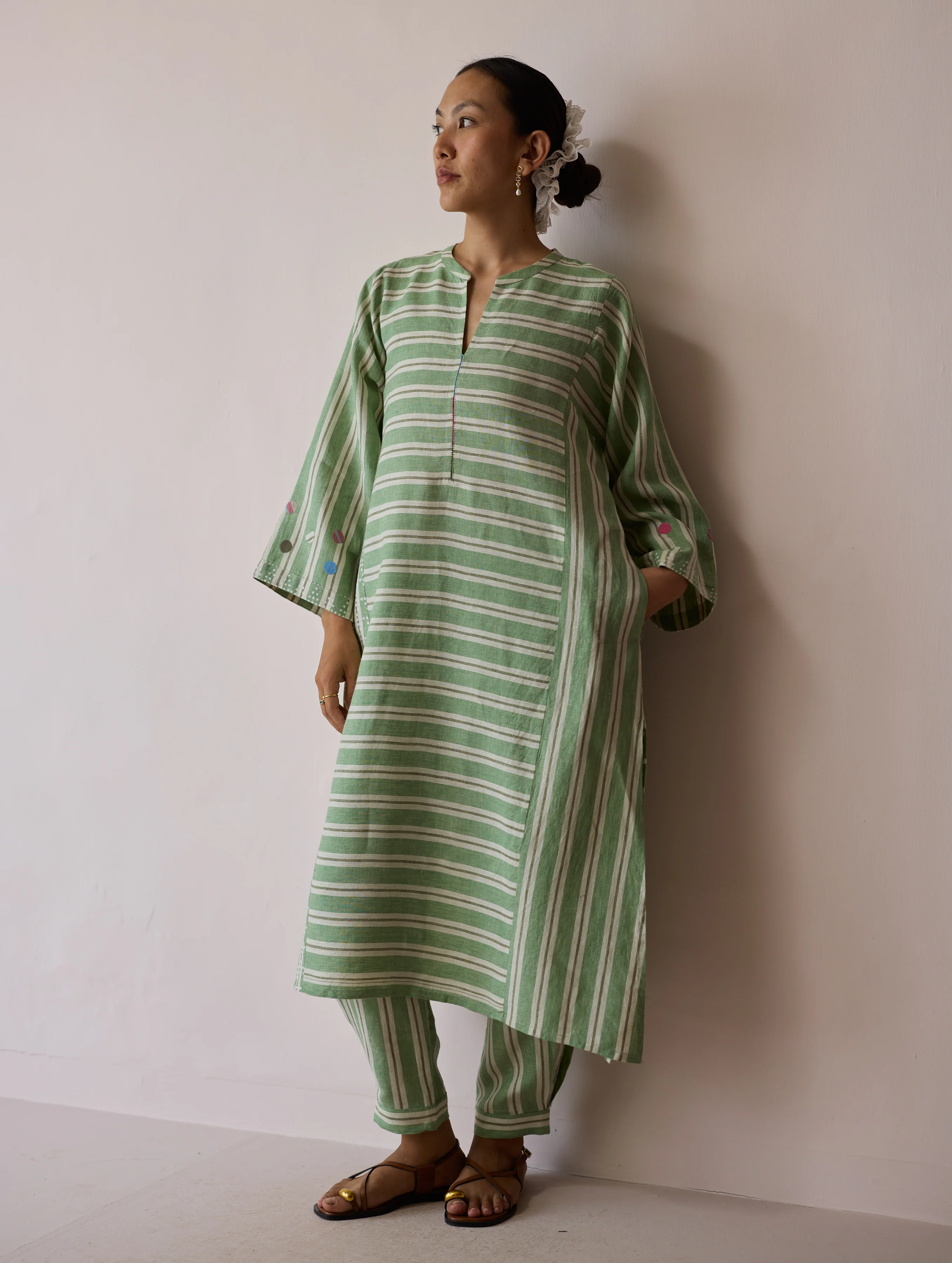Parvee Block-Printed Linen Angrakha Kurta - Fern - Image 9