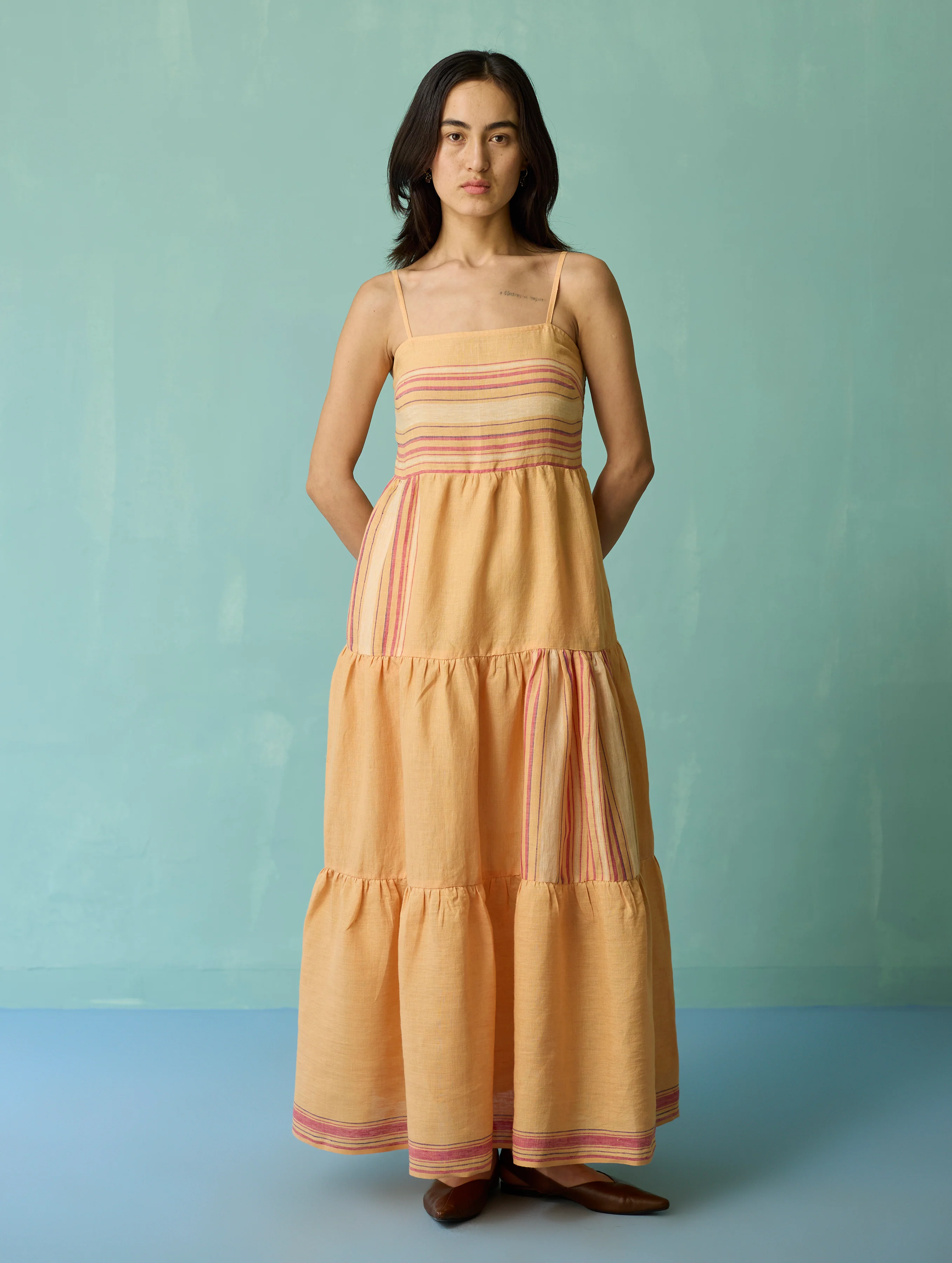 Pera Border Linen Tiered Dress - Apricot - Image 7