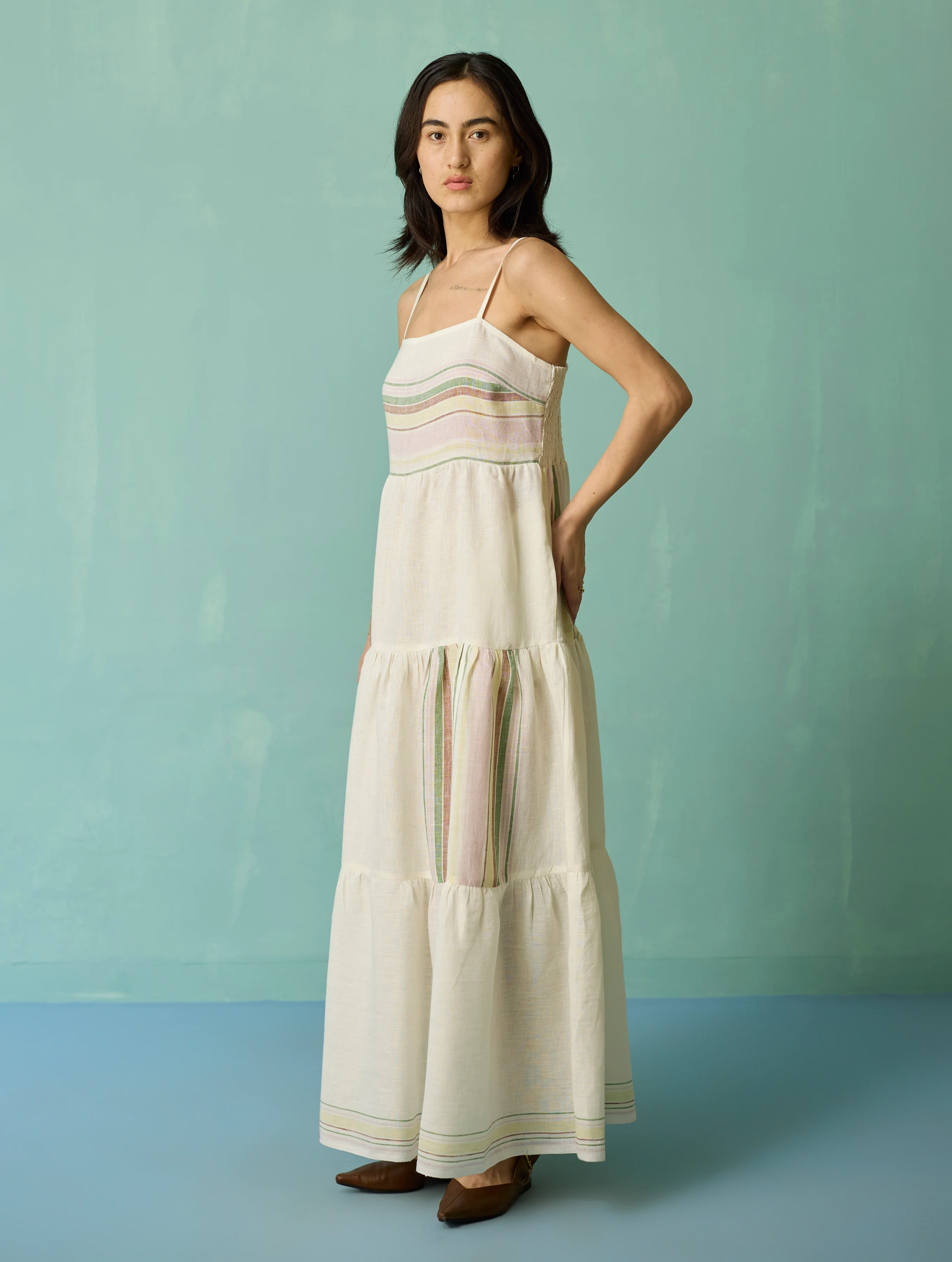 Pera Border Linen Tiered Dress - Ivory - Image 6