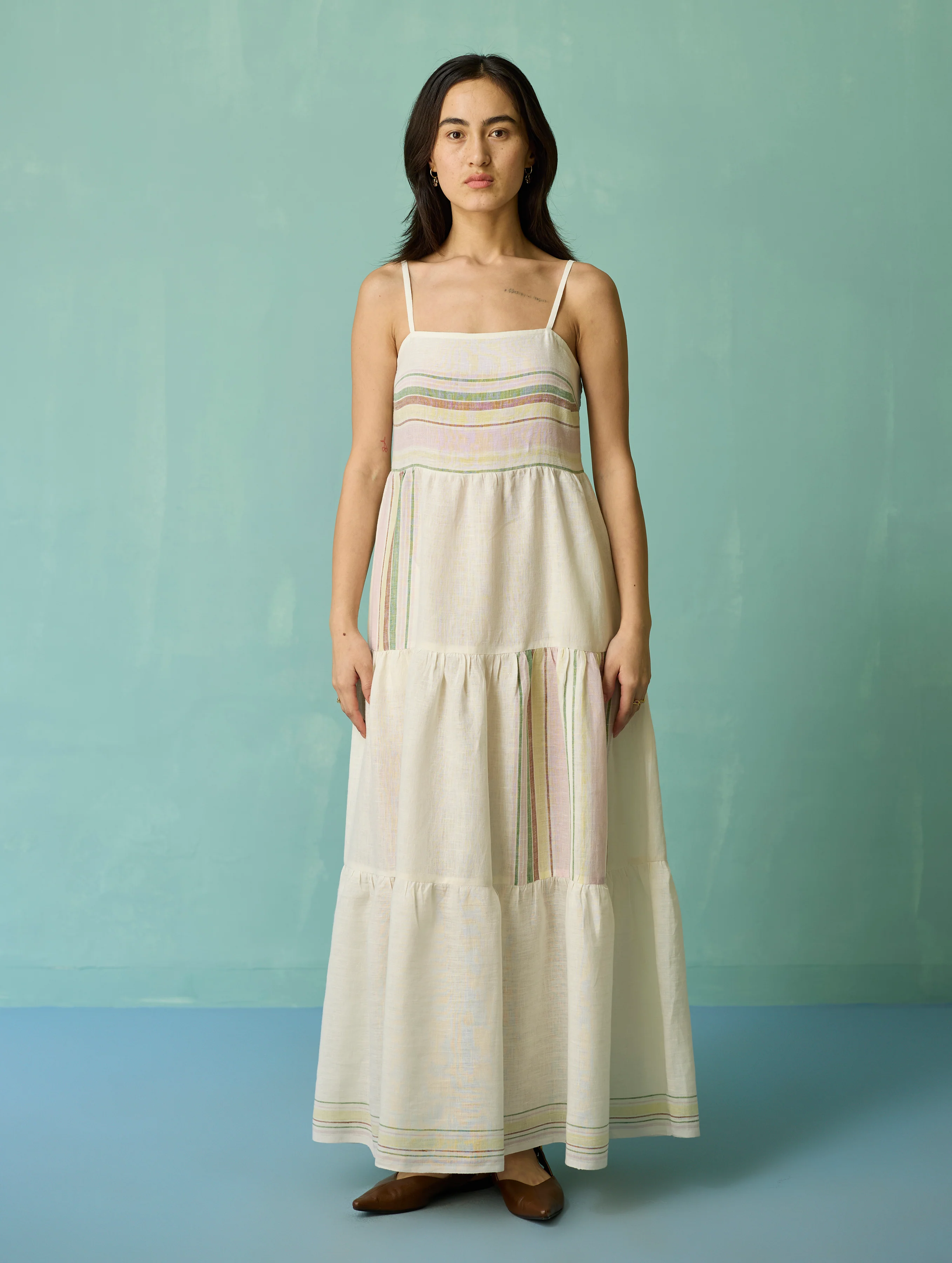 Pera Border Linen Tiered Dress - Ivory - Image 7