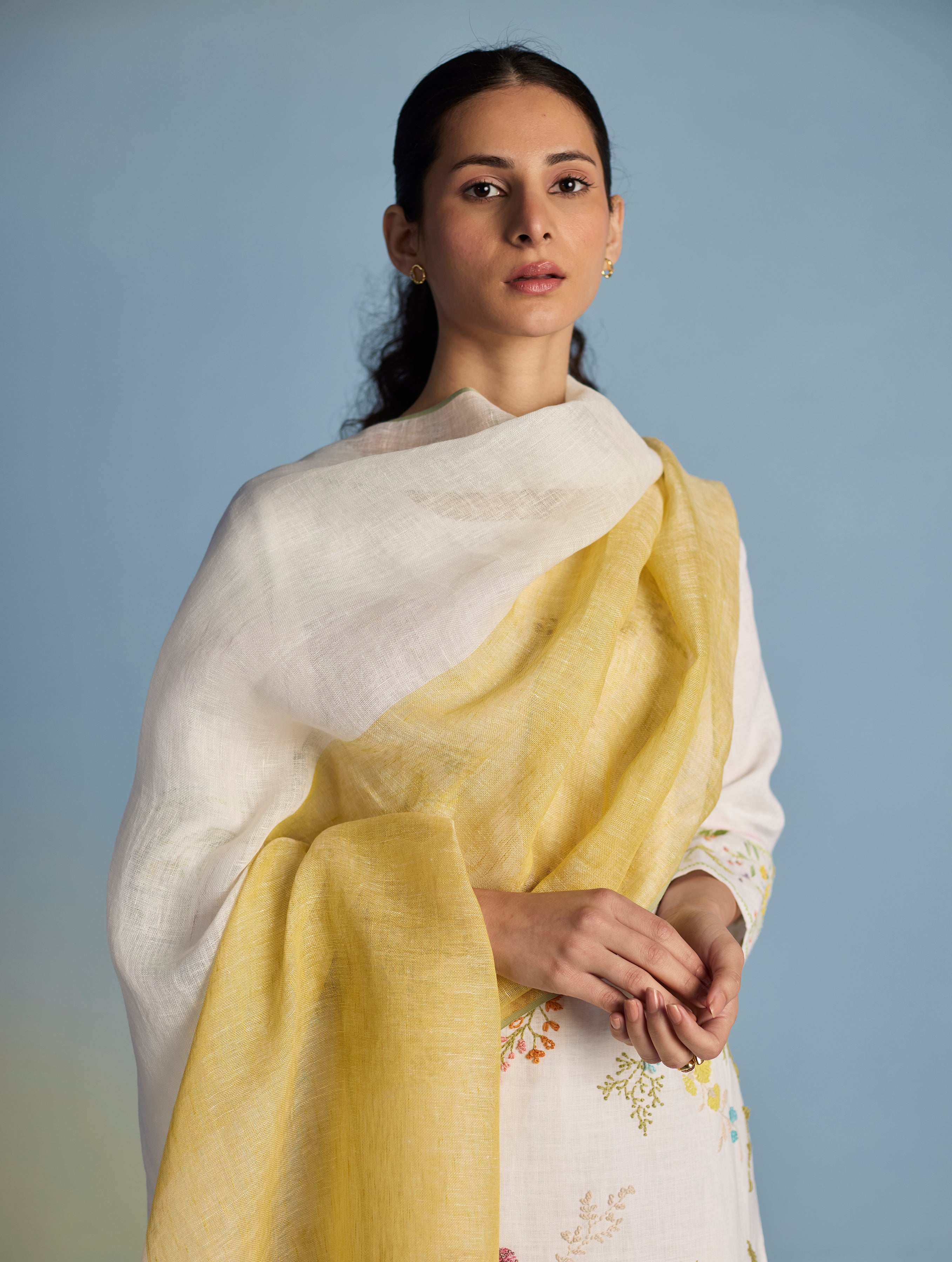 Pomba Handwoven Colour-Blocked Linen Dupatta - Ochre - Image 2