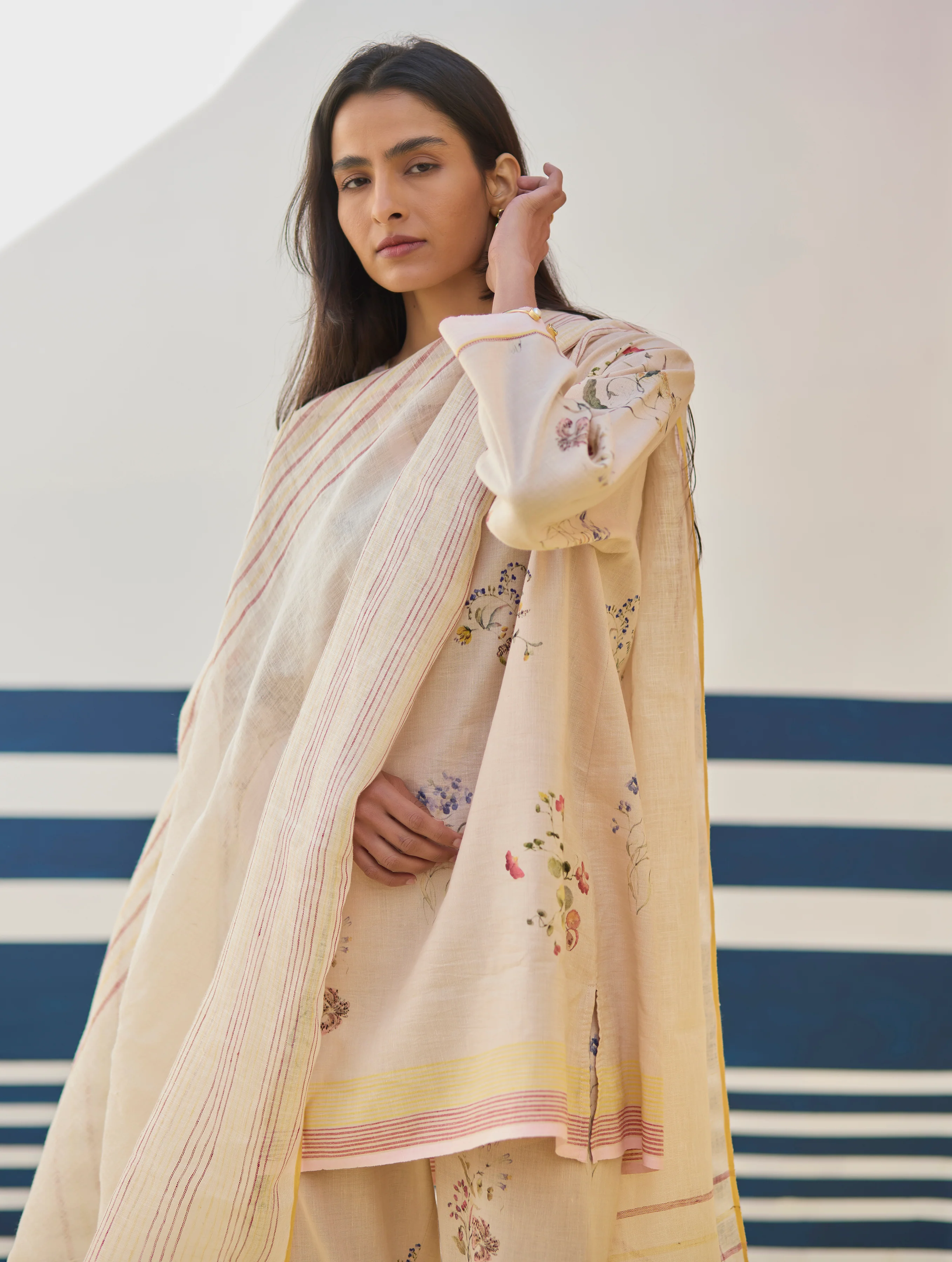 Raha Watercolour Floral Kurta Set - Sand - Image 2