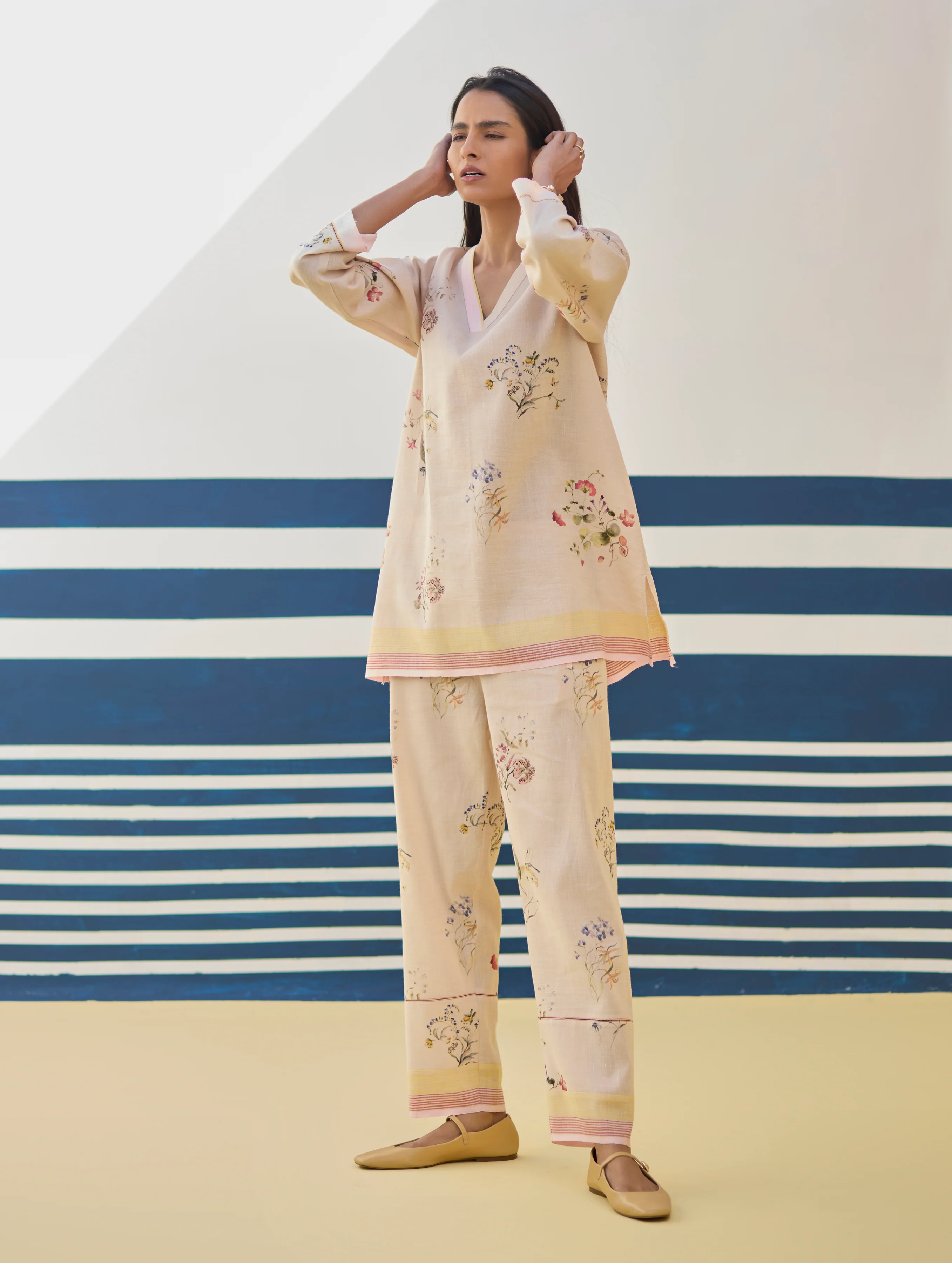 Raha Watercolour Floral Kurta Set - Sand - Image 7