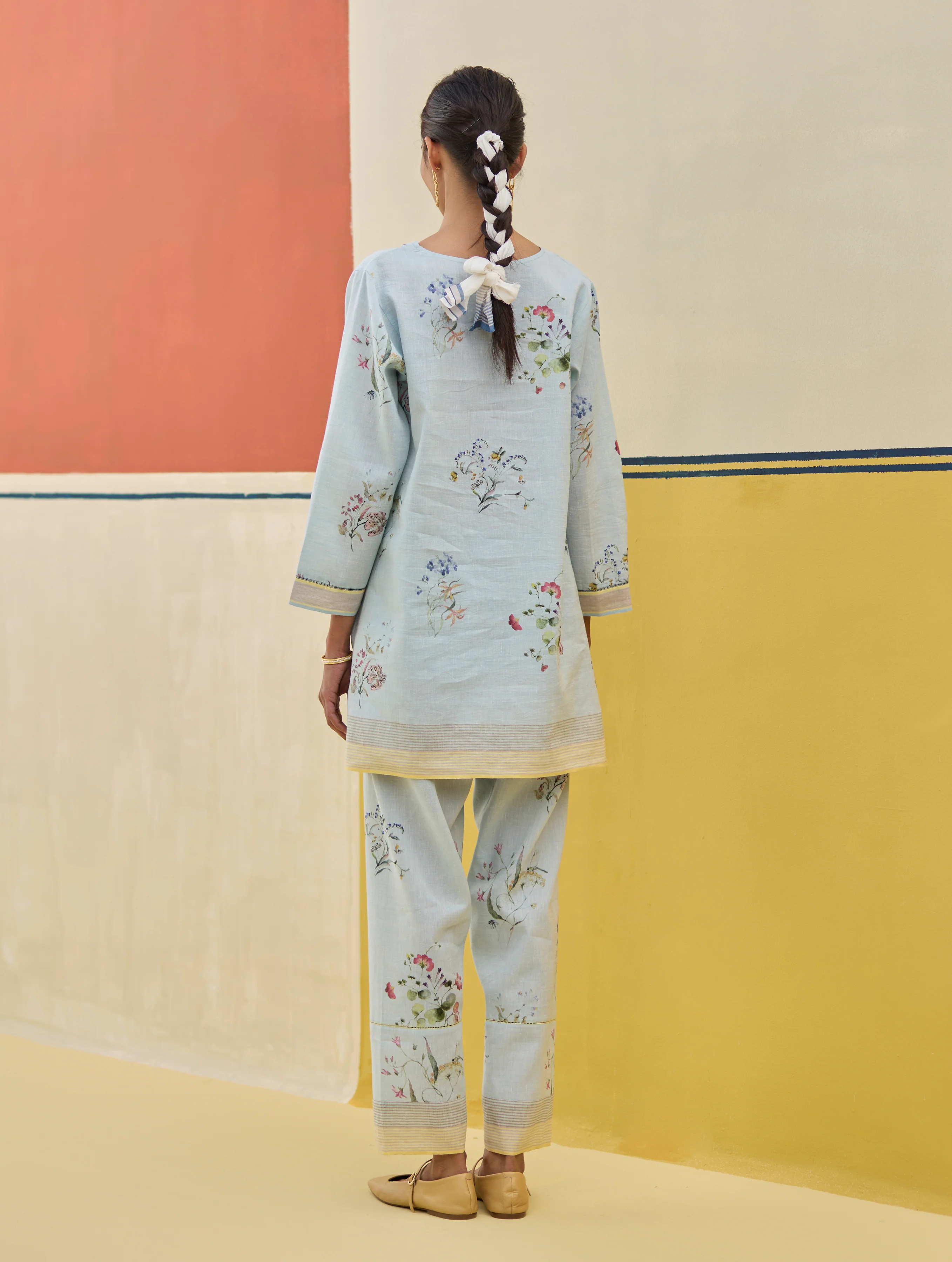 Raha Watercolour Floral Kurta Set - Sky - Image 3