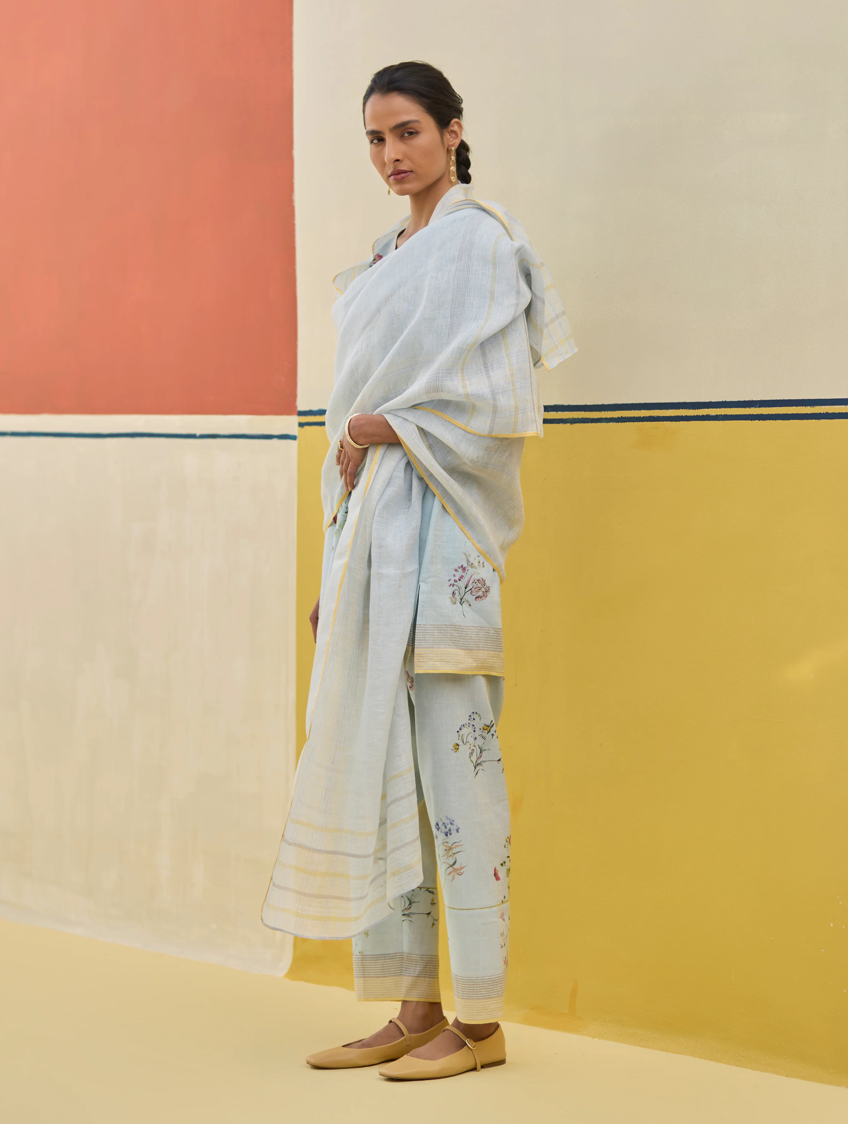 Raha Watercolour Floral Kurta Set - Sky - Image 4