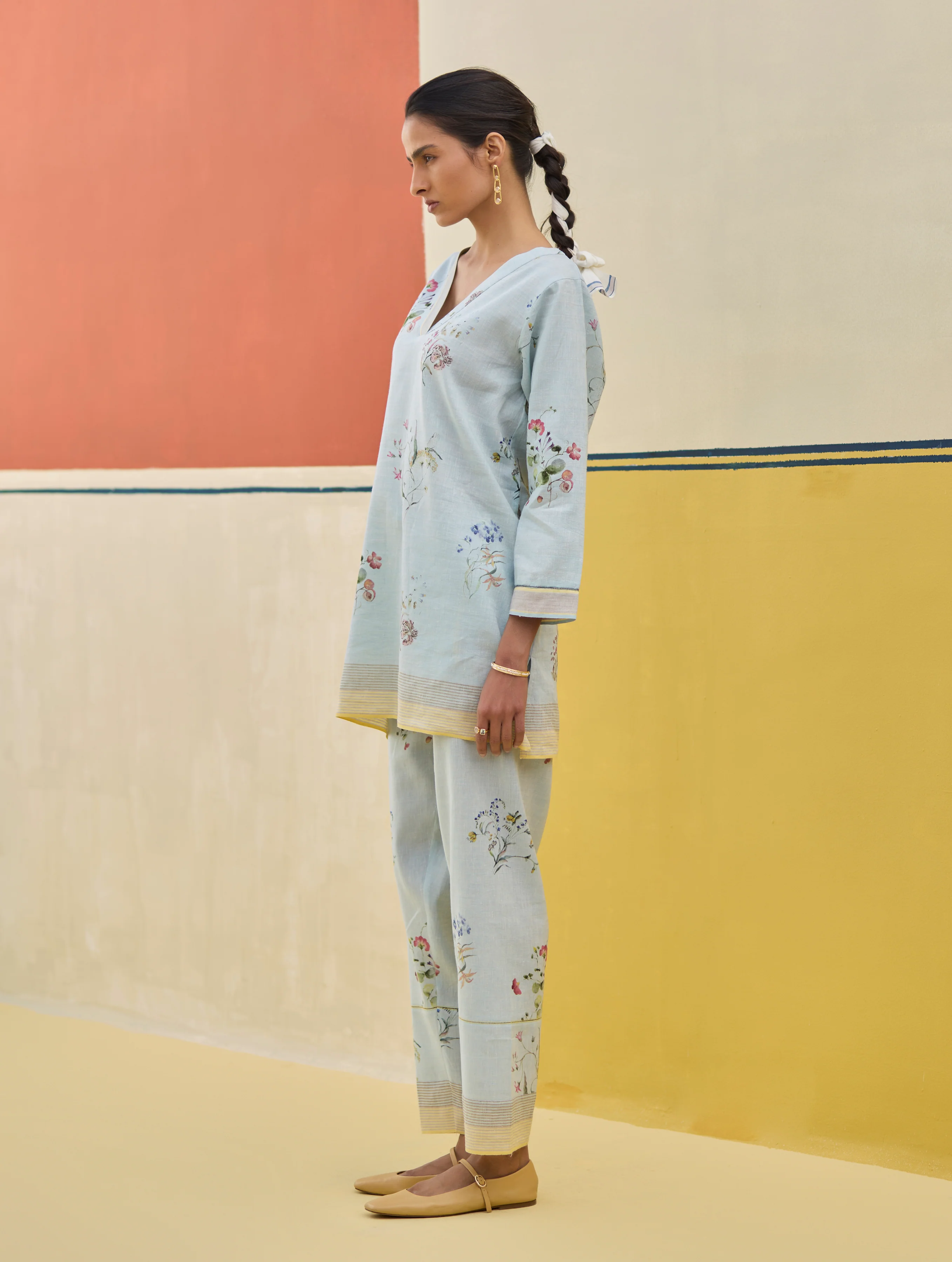 Raha Watercolour Floral Kurta Set - Sky - Image 5