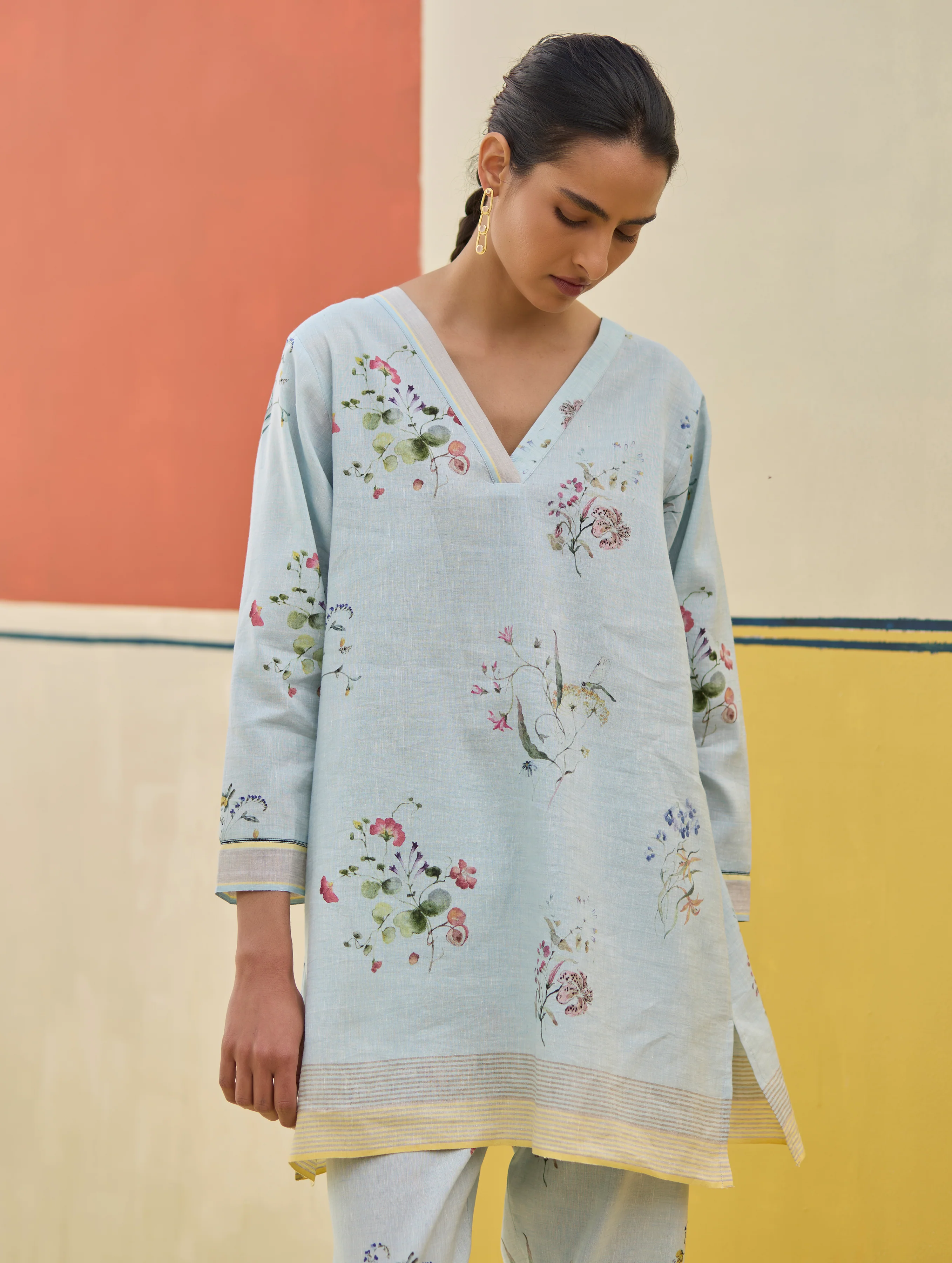 Raha Watercolour Floral Kurta Set - Sky - Image 7
