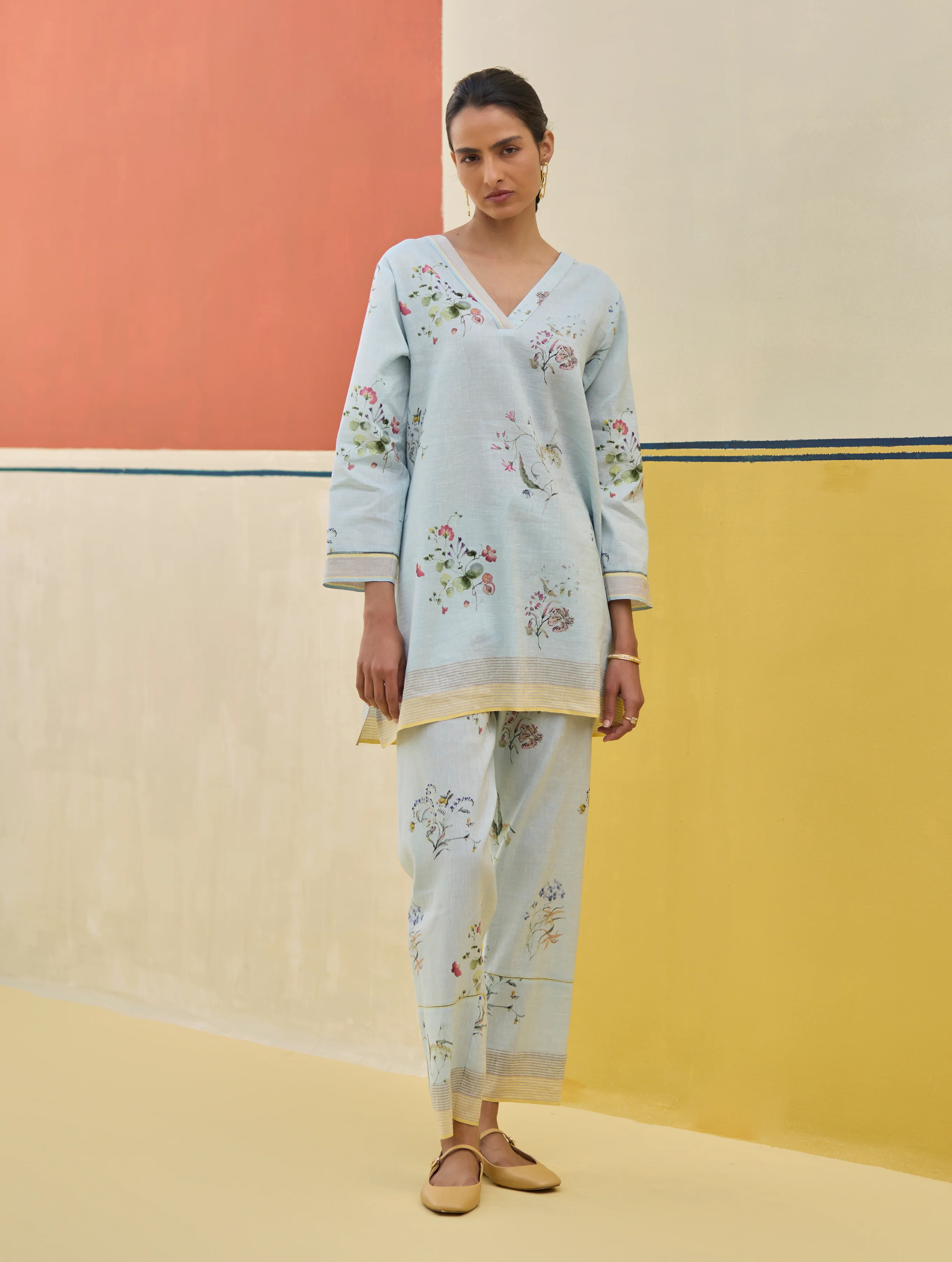 Raha Watercolour Floral Kurta - Sky - Image 5