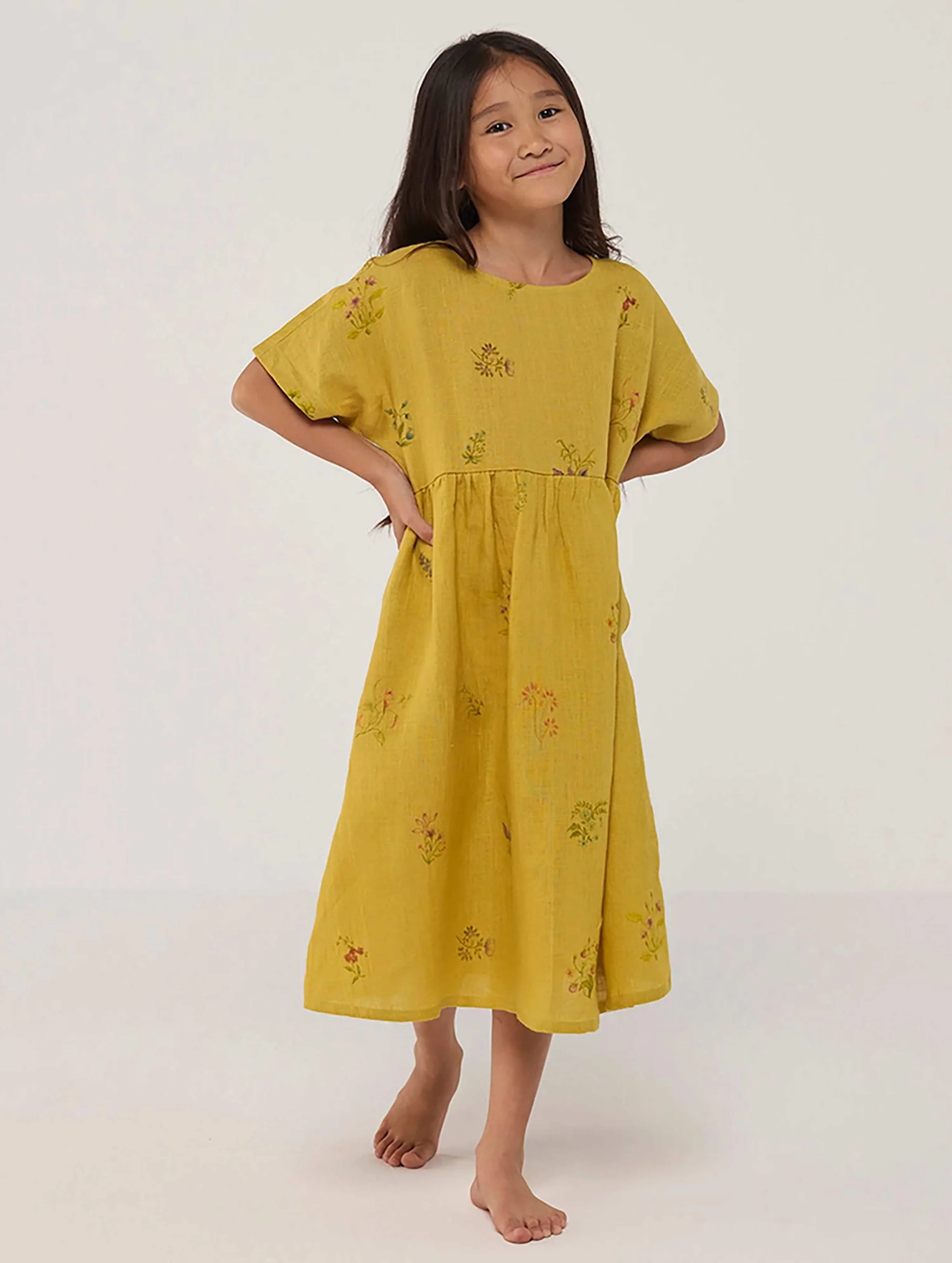 Rasa Floral Printed Linen Dress - Ochre