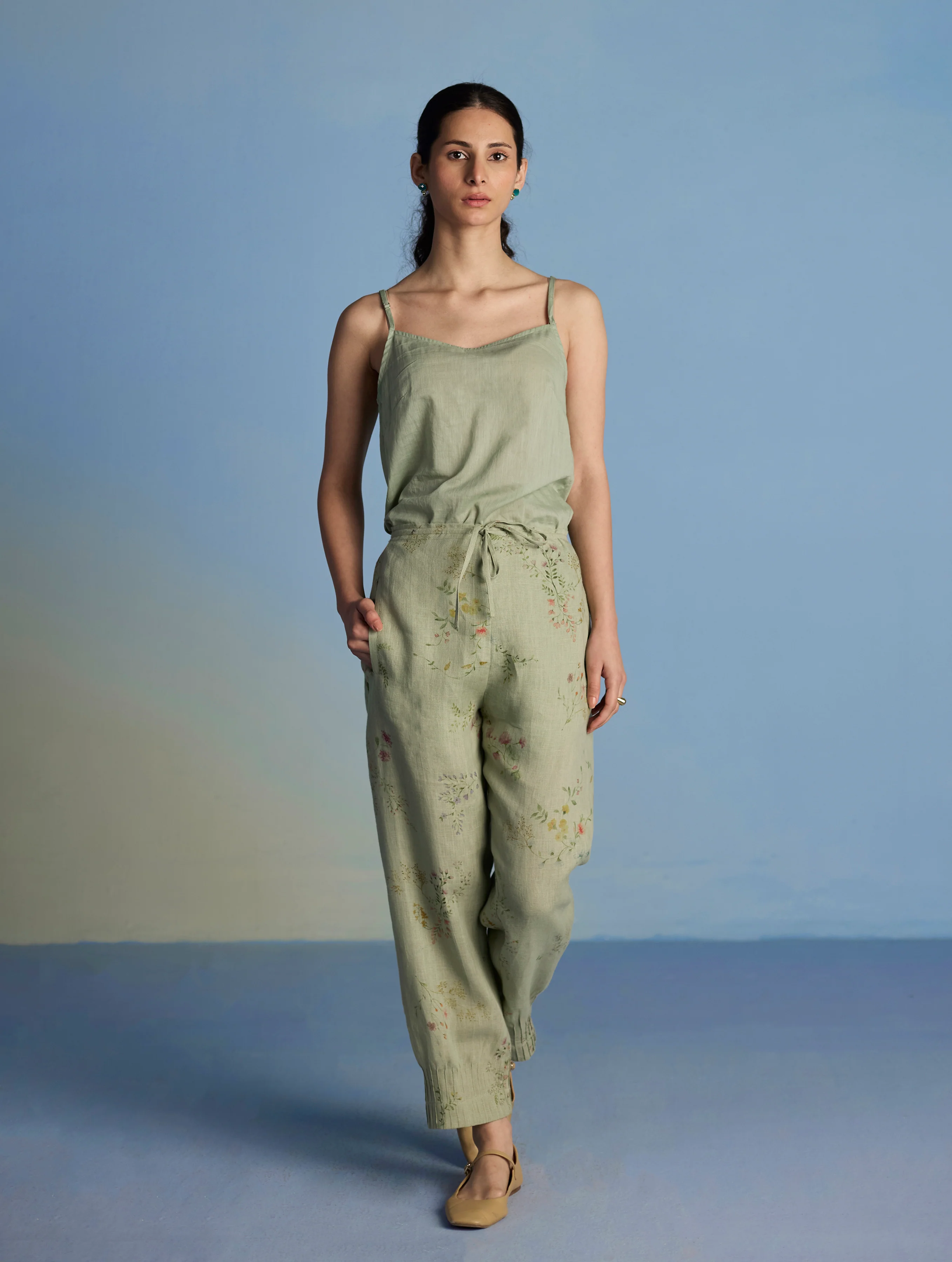 Raya Pintuck Floral Linen Pant - Mint - Image 2