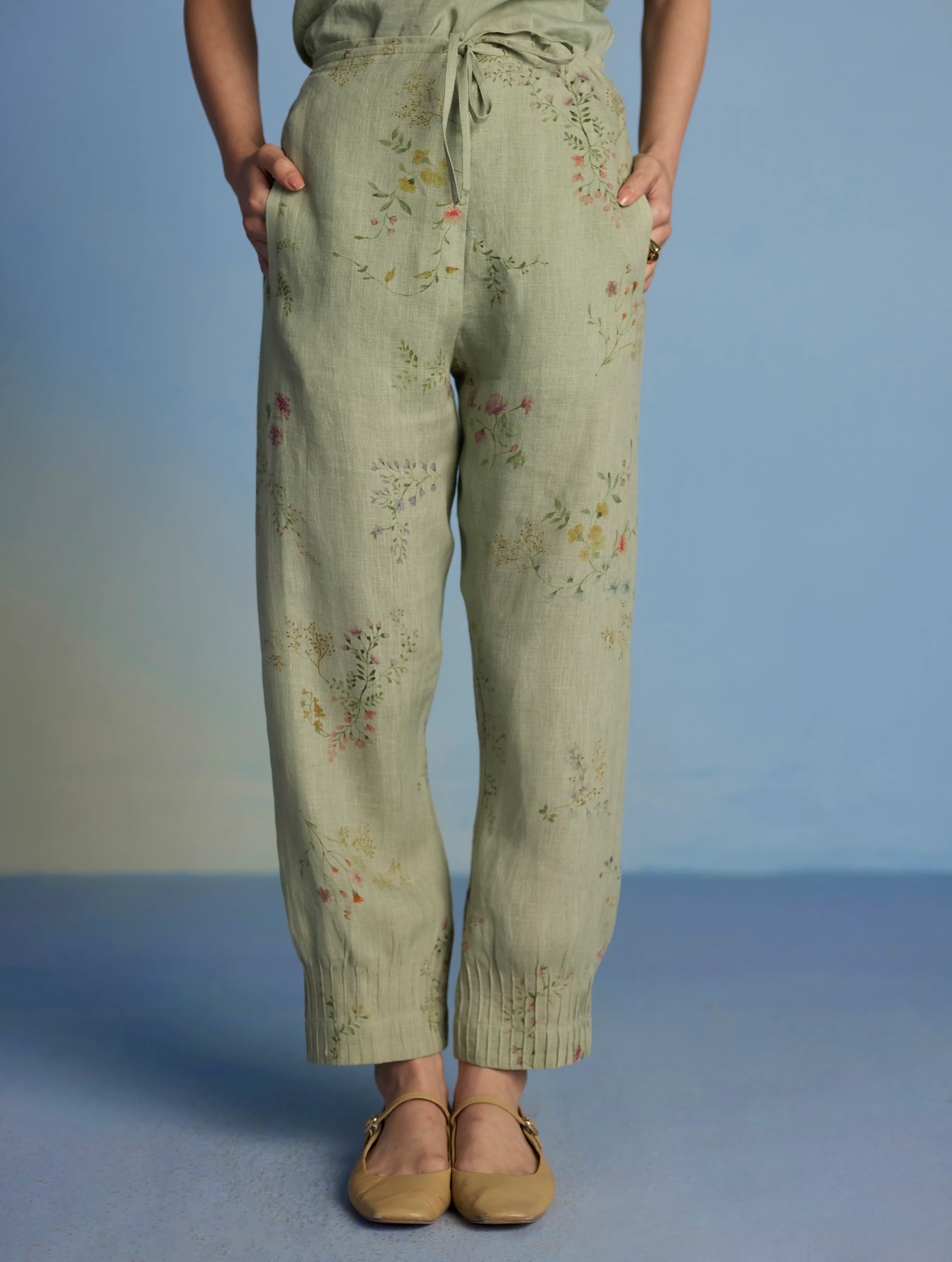 Raya Pintuck Floral Linen Pant - Mint - Image 3